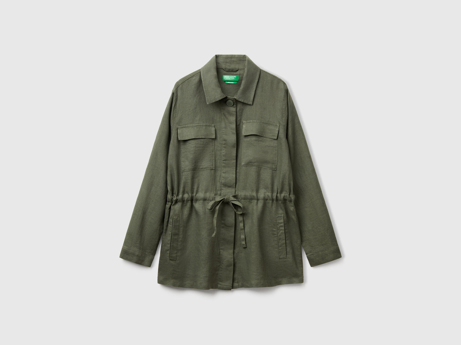 Giacca con coulisse in puro lino da donna verde militare | Benetton Outlet