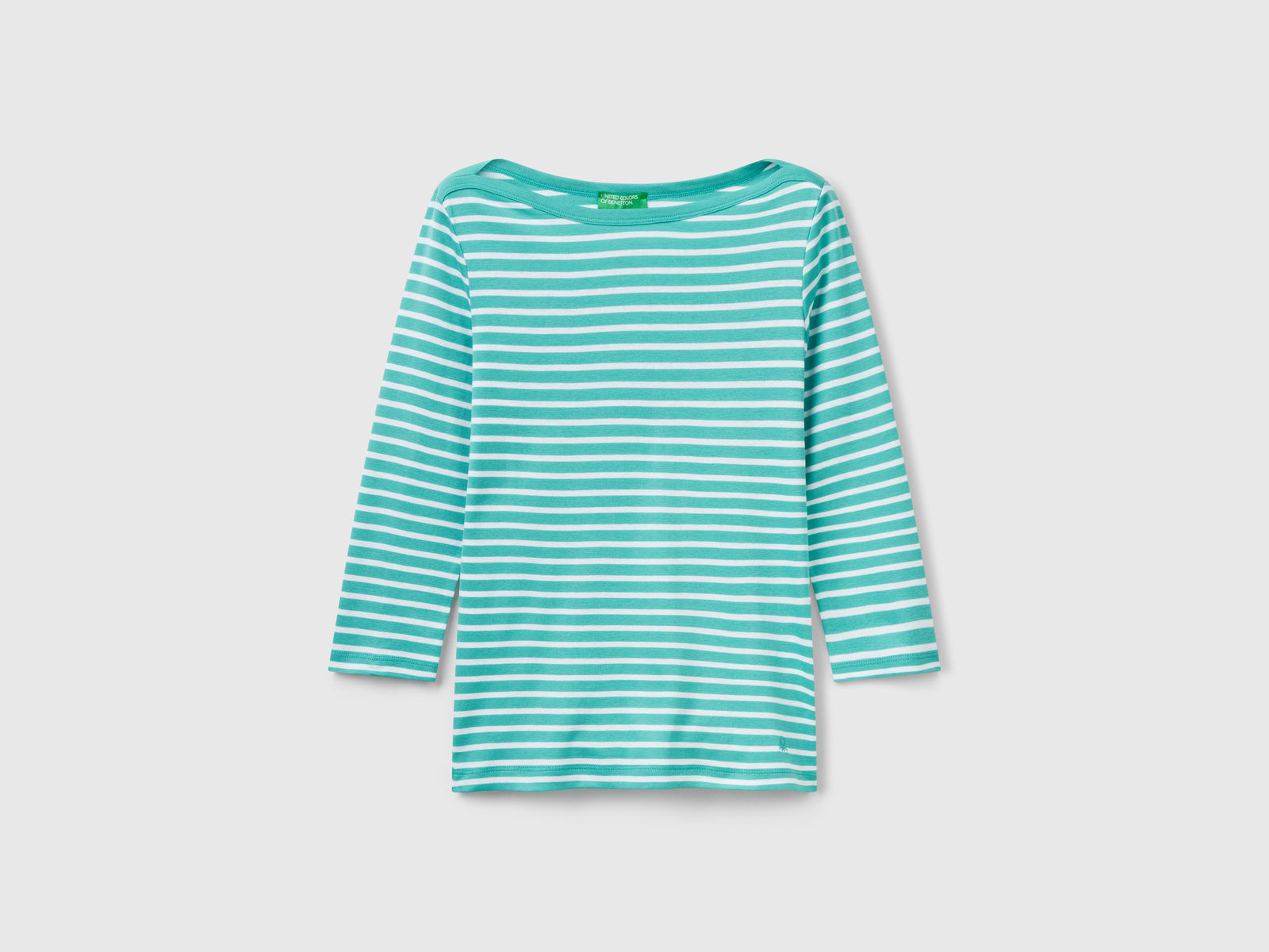 T-shirt manica 3/4 a righe in puro cotone da donna azzurro | Benetton Outlet