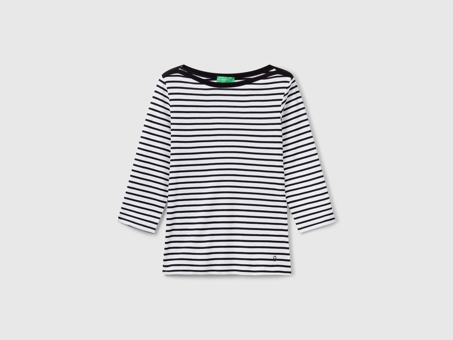 T-shirt manica 3/4 a righe in puro cotone da donna bianco | Benetton Outlet