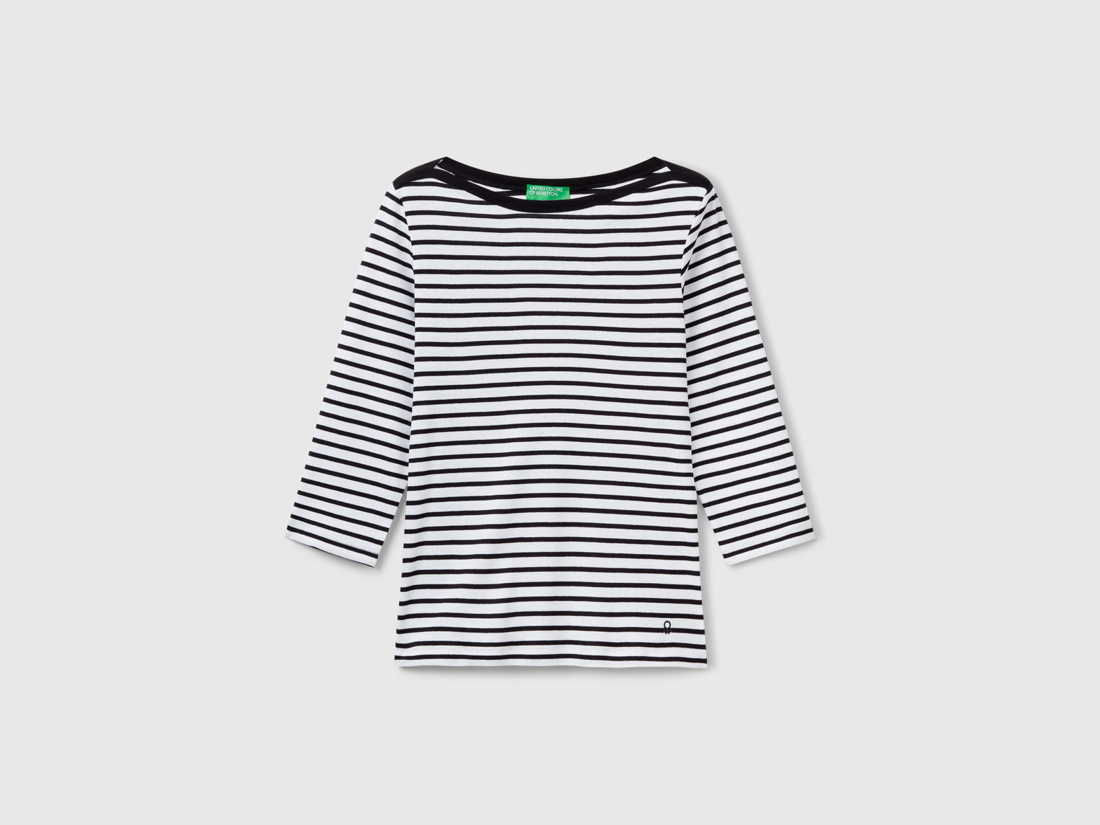 T-shirt manica 3/4 a righe in puro cotone da donna bianco | Benetton Outlet
