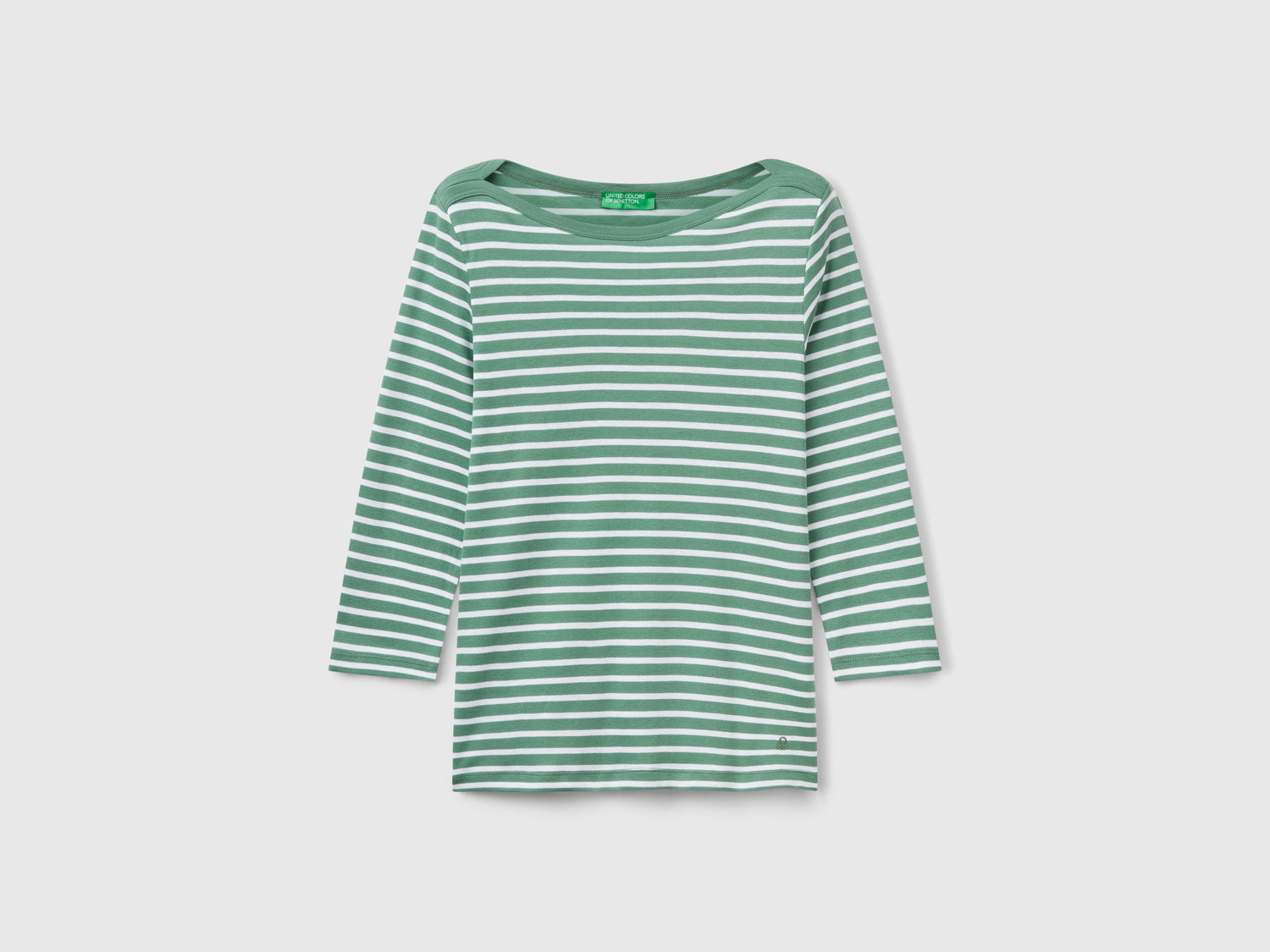T-shirt manica 3/4 a righe in puro cotone da donna verde oliva | Benetton Outlet