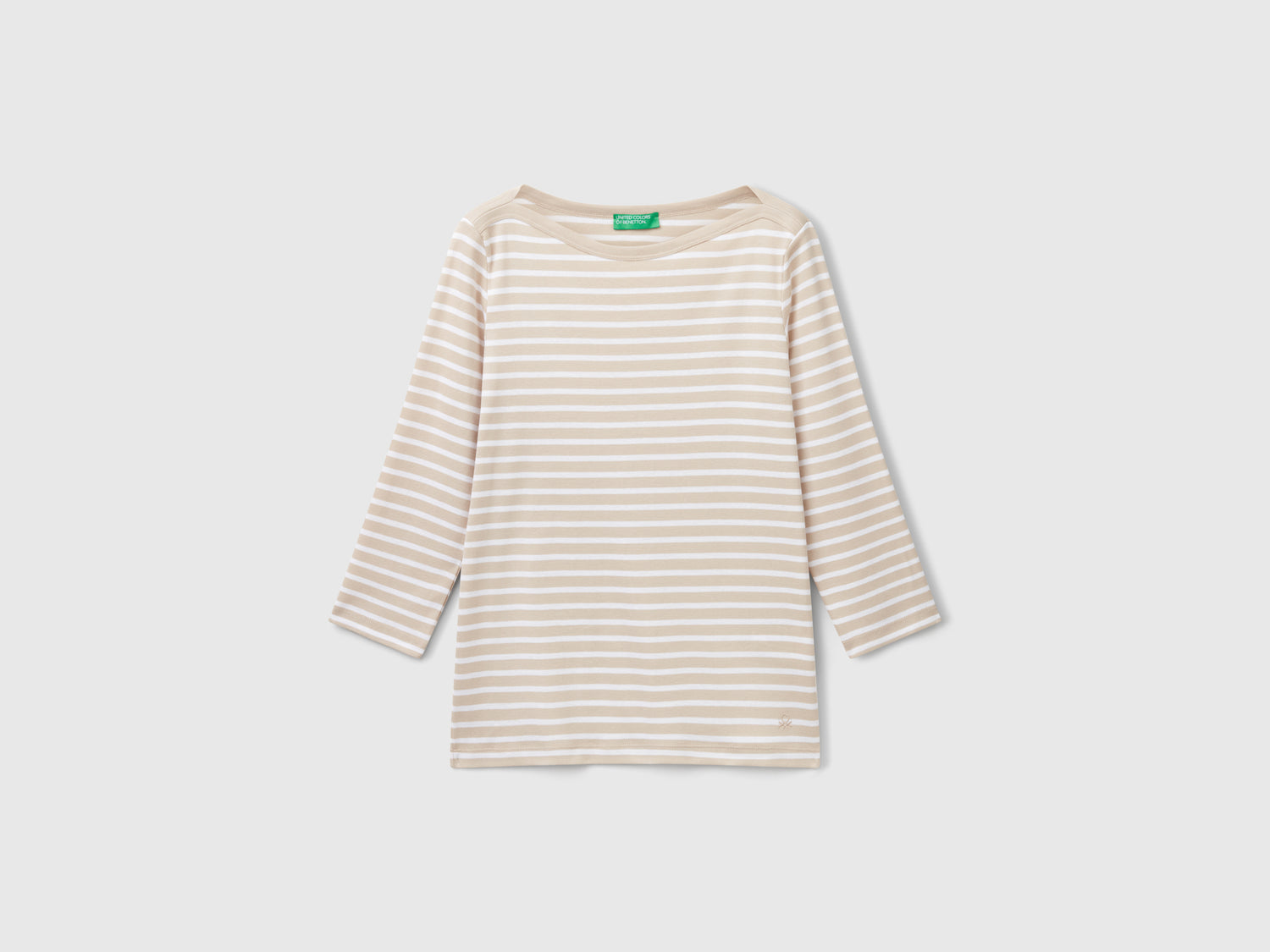 T-shirt manica 3/4 a righe in puro cotone da donna beige | Benetton Outlet
