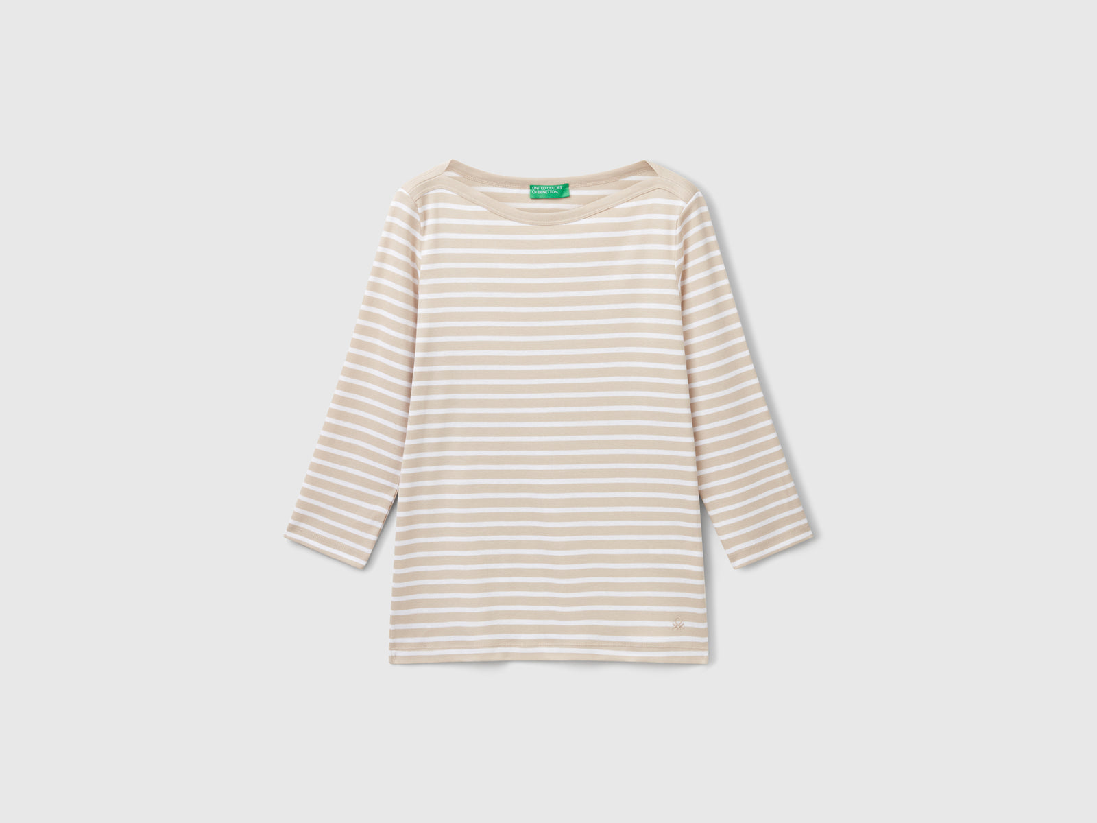 T-shirt manica 3/4 a righe in puro cotone da donna beige | Benetton Outlet