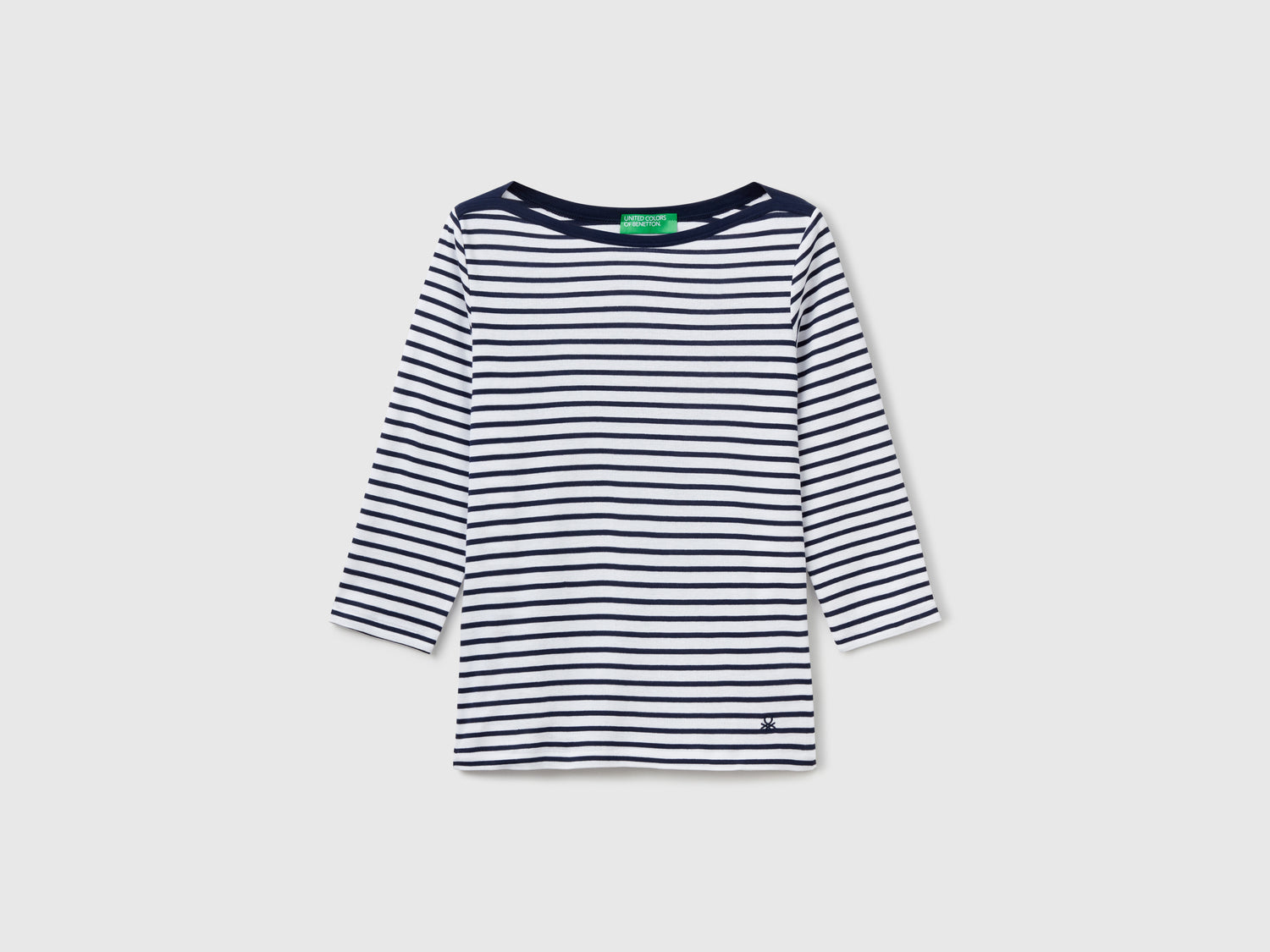 T-shirt manica 3/4 a righe in puro cotone da donna blu | Benetton Outlet