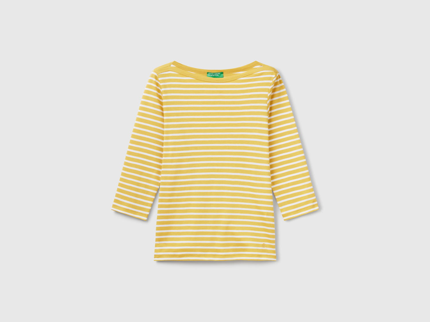 T-shirt manica 3/4 a righe in puro cotone da donna senape | Benetton Outlet