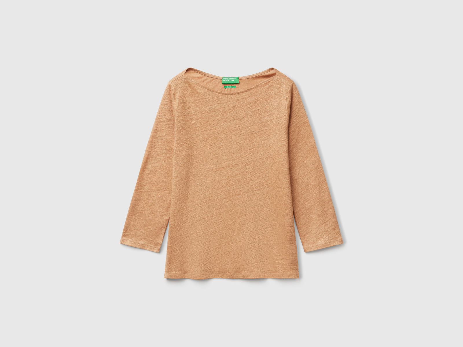 T-shirt manica a 3/4 in puro lino da donna cammello | Benetton Outlet