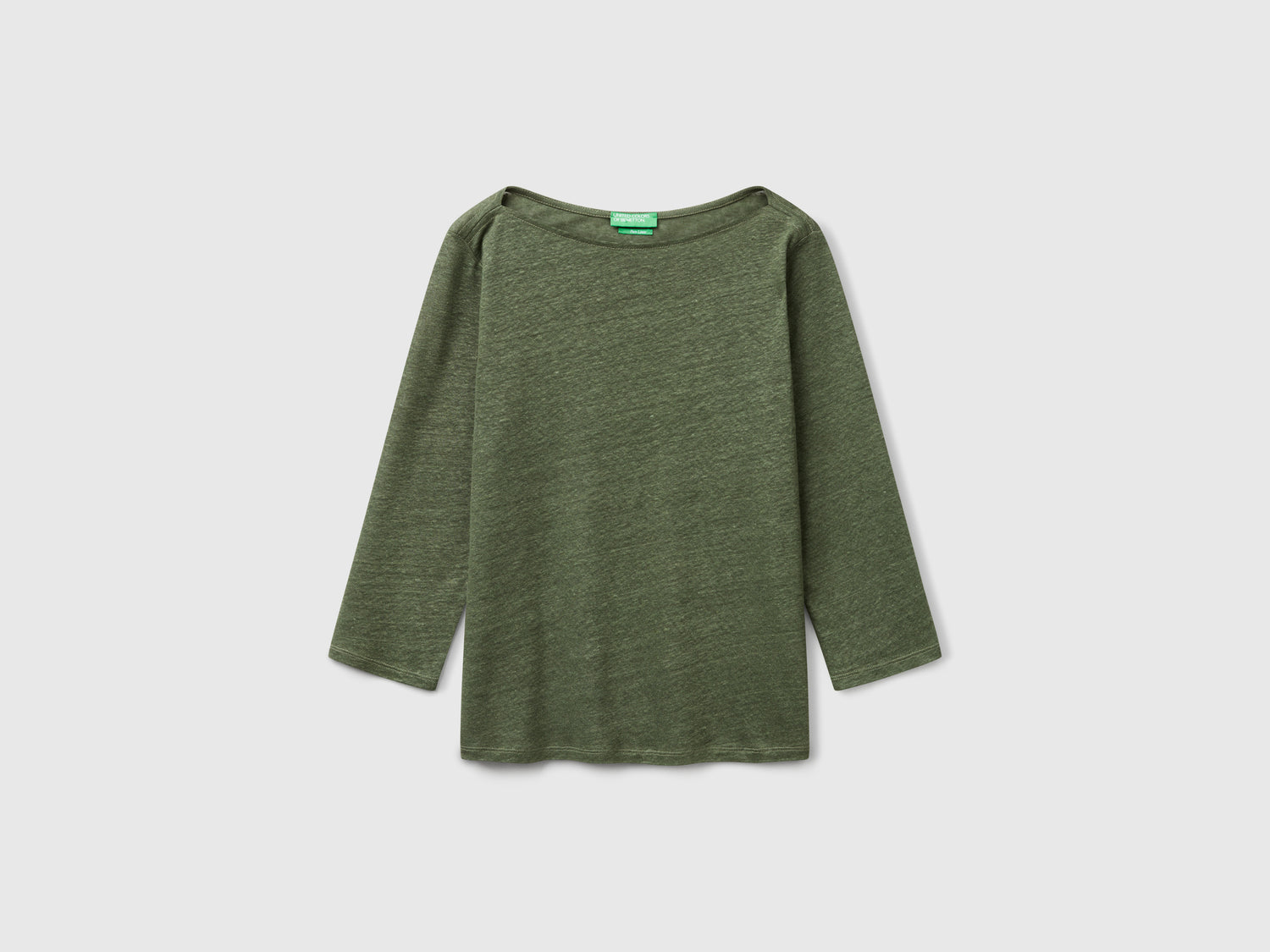 T-shirt manica a 3/4 in puro lino da donna verde militare | Benetton Outlet
