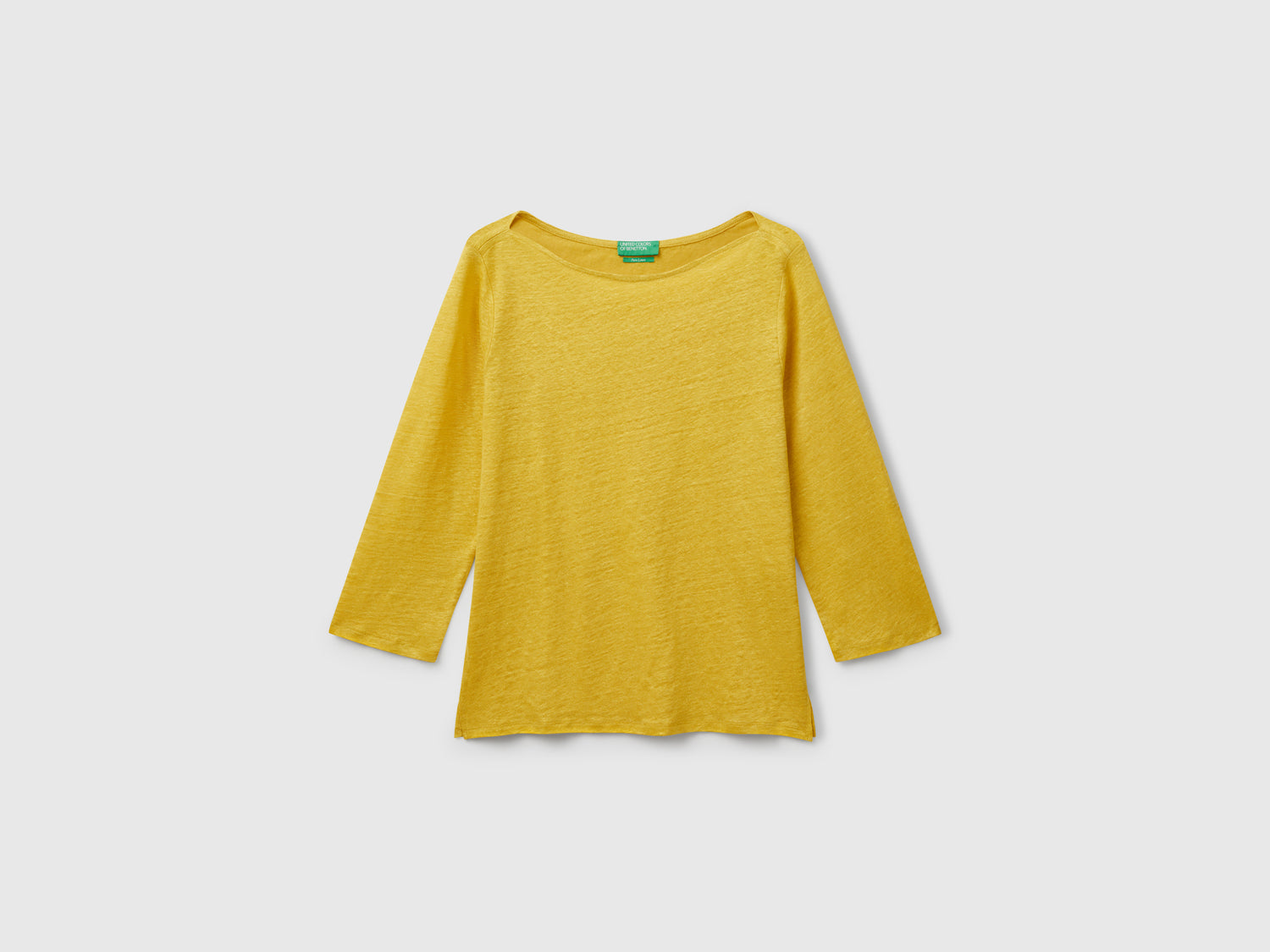 T-shirt manica a 3/4 in puro lino da donna senape | Benetton Outlet