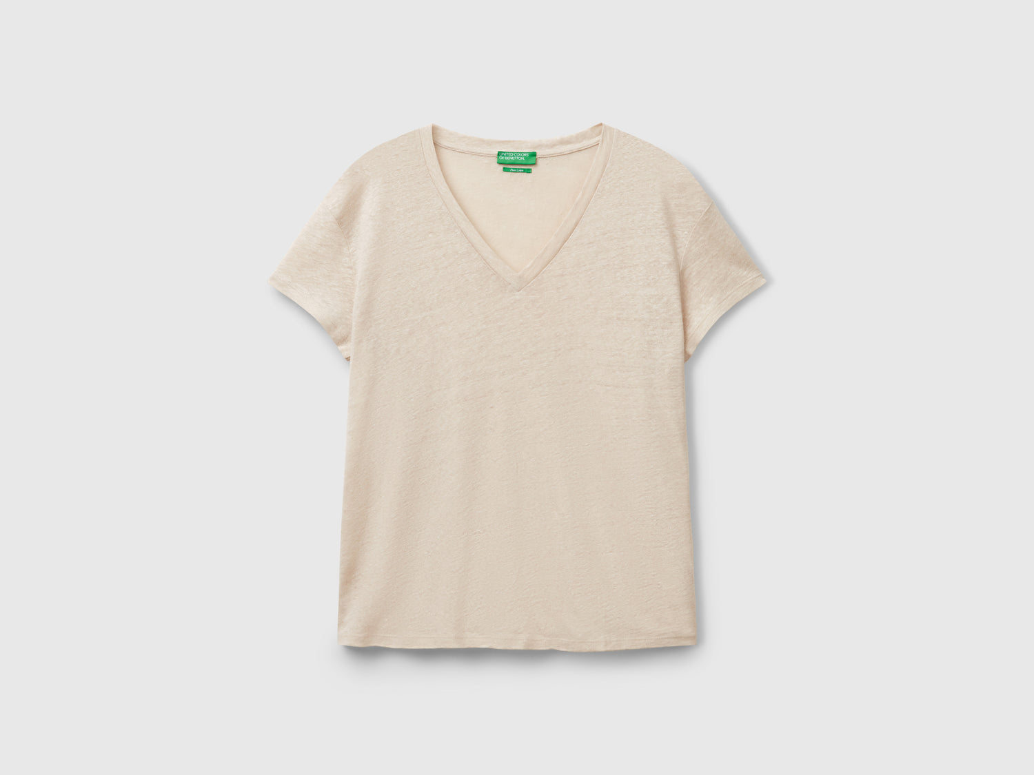 T-shirt scollo a V in puro lino da donna beige | Benetton Outlet
