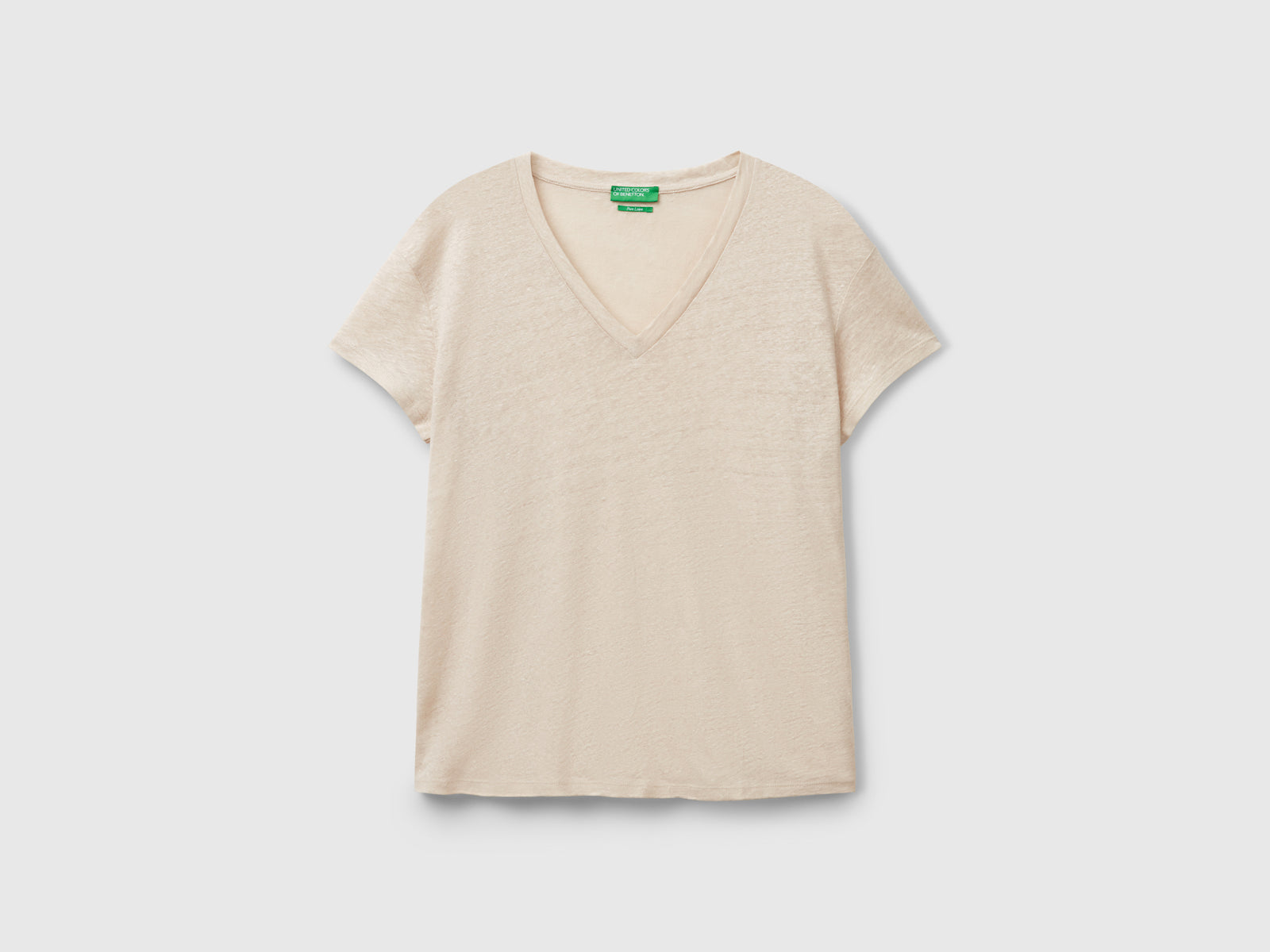 T-shirt scollo a V in puro lino da donna beige | Benetton Outlet