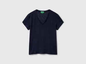 T-shirt scollo a V in puro lino