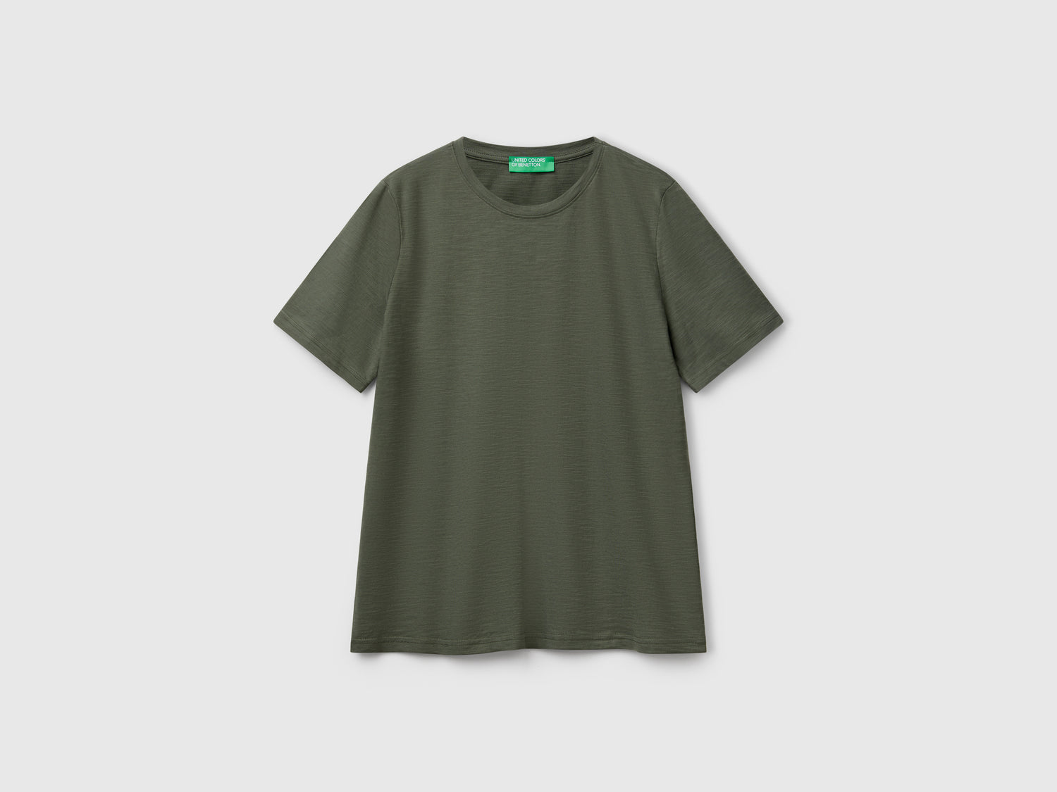 T-shirt girocollo in cotone fiammato da donna verde militare | Benetton Outlet