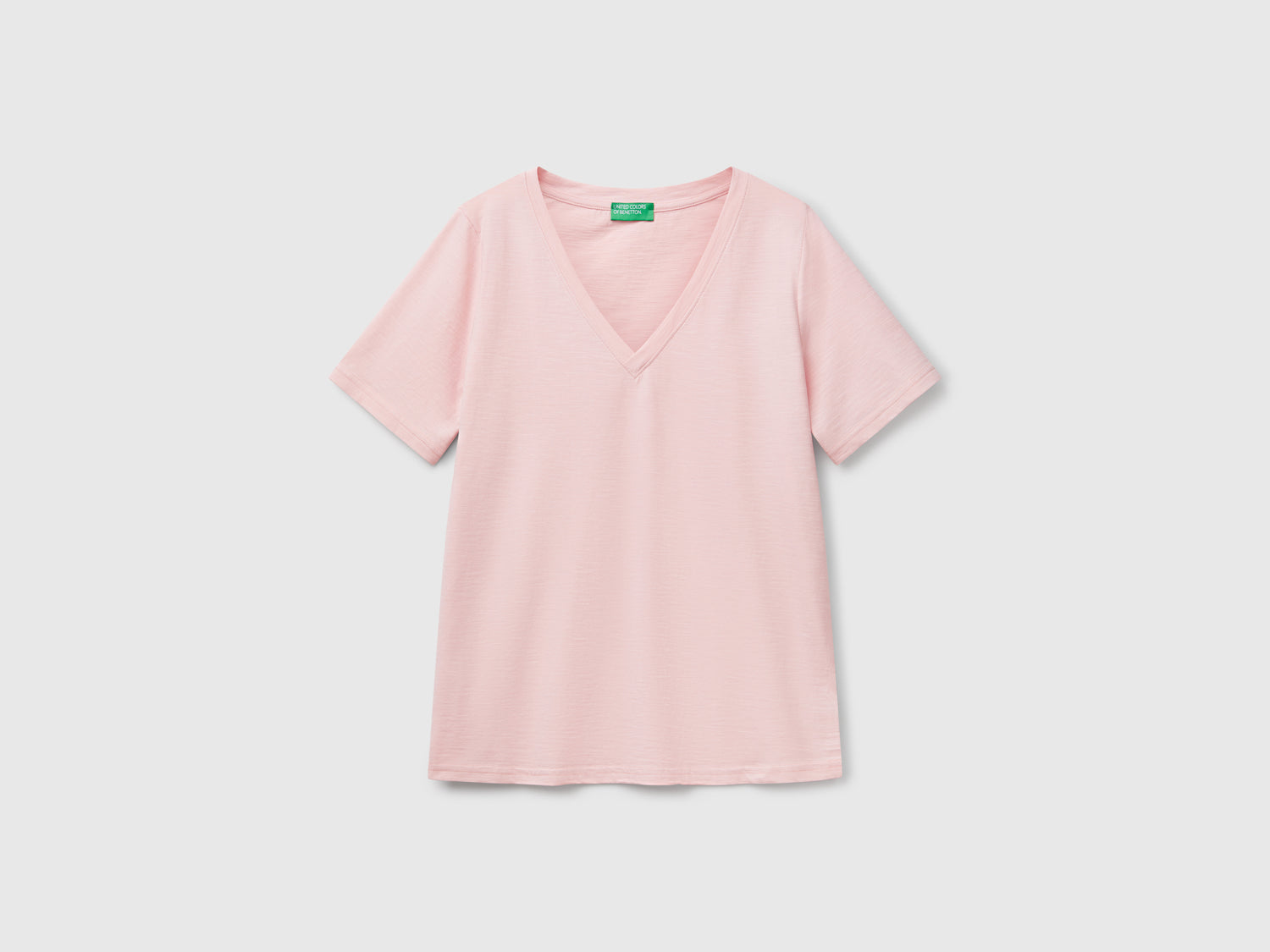 T-shirt scollo a V in cotone fiammato da donna rosa tenue | Benetton Outlet