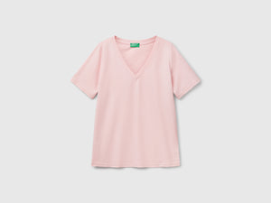 T-shirt scollo a V in cotone fiammato
