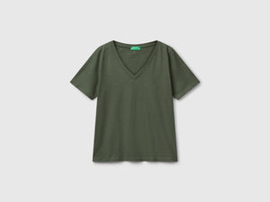 T-shirt scollo a V in cotone fiammato