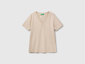 T-shirt scollo a V in cotone fiammato