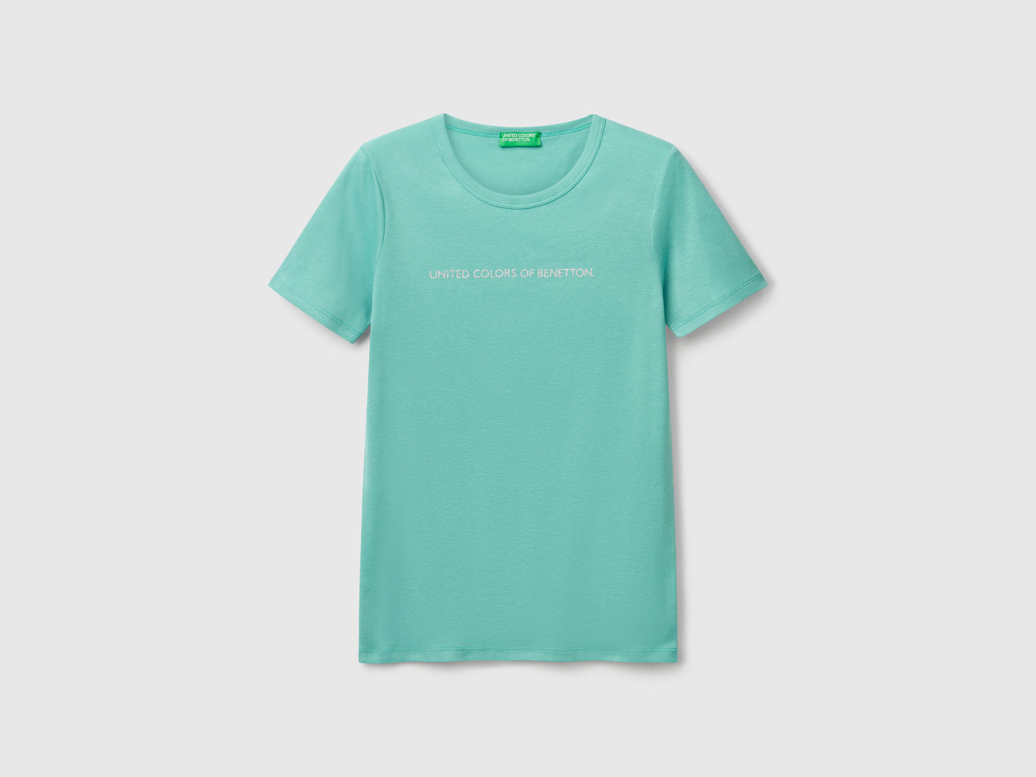 T-shirt 100% cotone con stampa logo glitter da donna verde acqua | Benetton Outlet