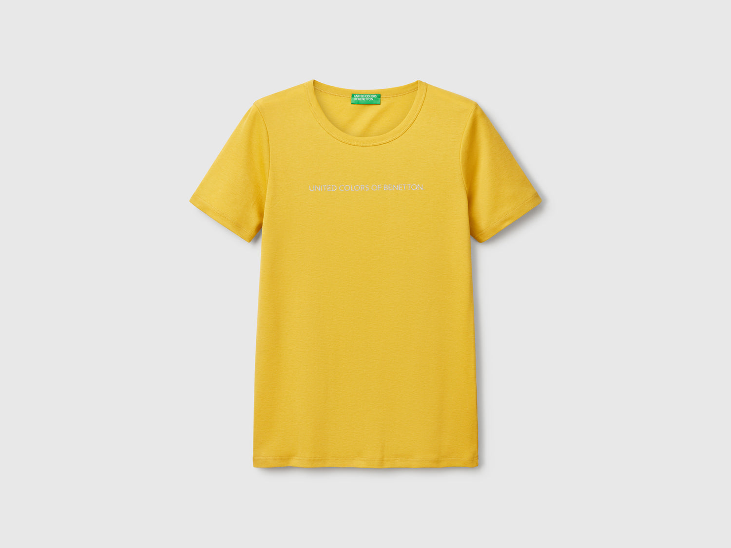 T-shirt 100% cotone con stampa logo glitter da donna senape | Benetton Outlet