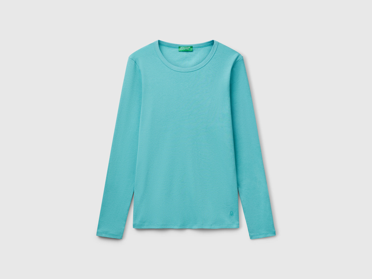 T-shirt a manica lunga in puro cotone da donna verde acqua | Benetton Outlet