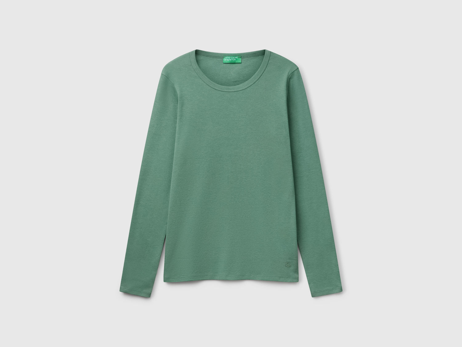 T-shirt a manica lunga in puro cotone da donna verde scuro | Benetton Outlet