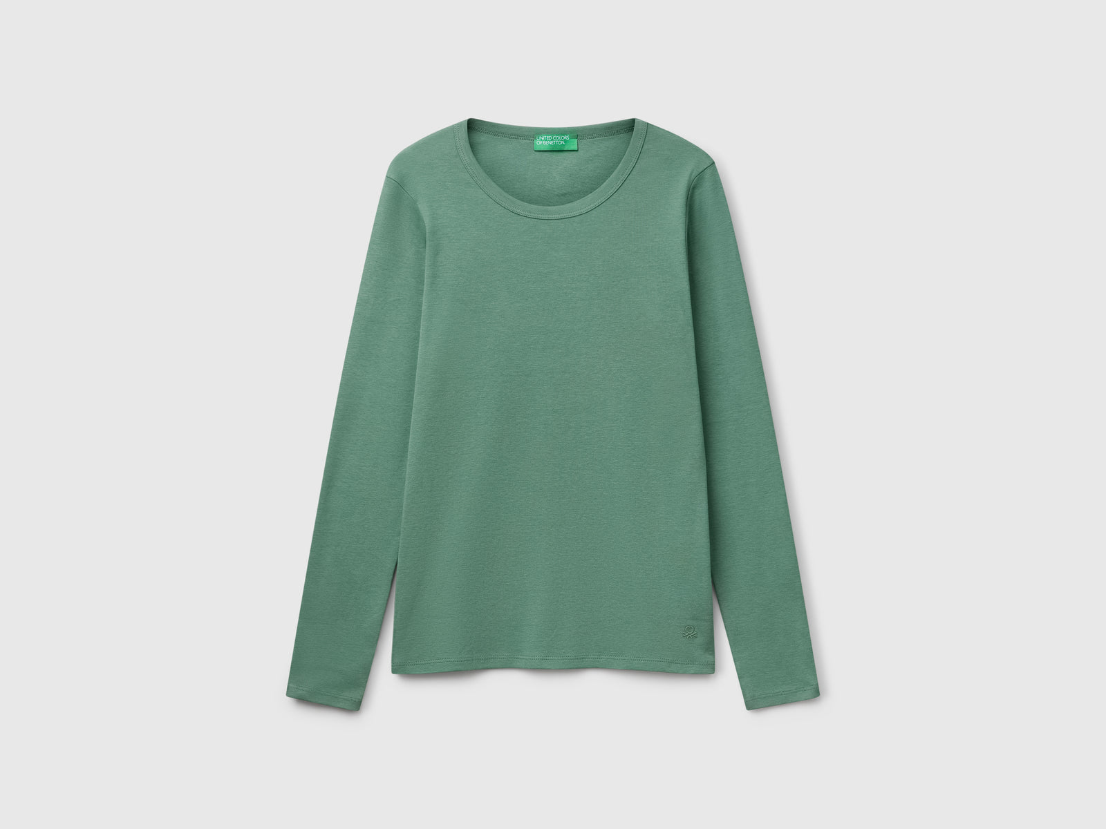 T-shirt a manica lunga in puro cotone da donna verde scuro | Benetton Outlet