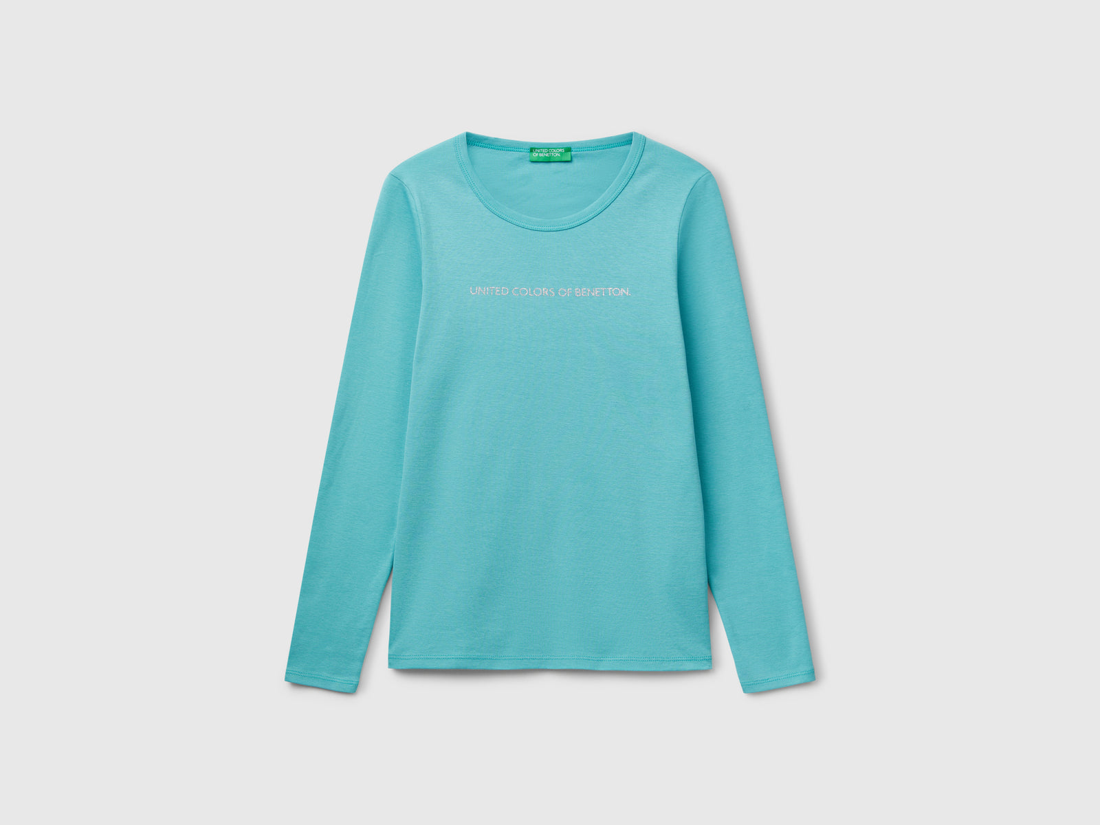 T-shirt a manica lunga 100% cotone da donna verde acqua | Benetton Outlet