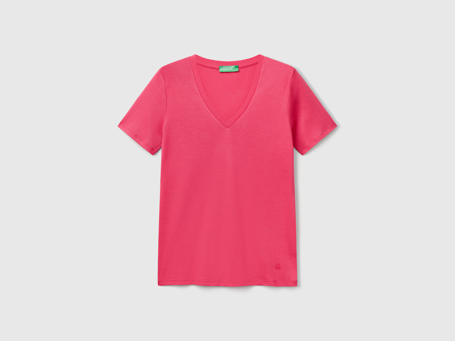 T-shirt magenta in puro cotone con scollo a V da donna fragola | Benetton Outlet