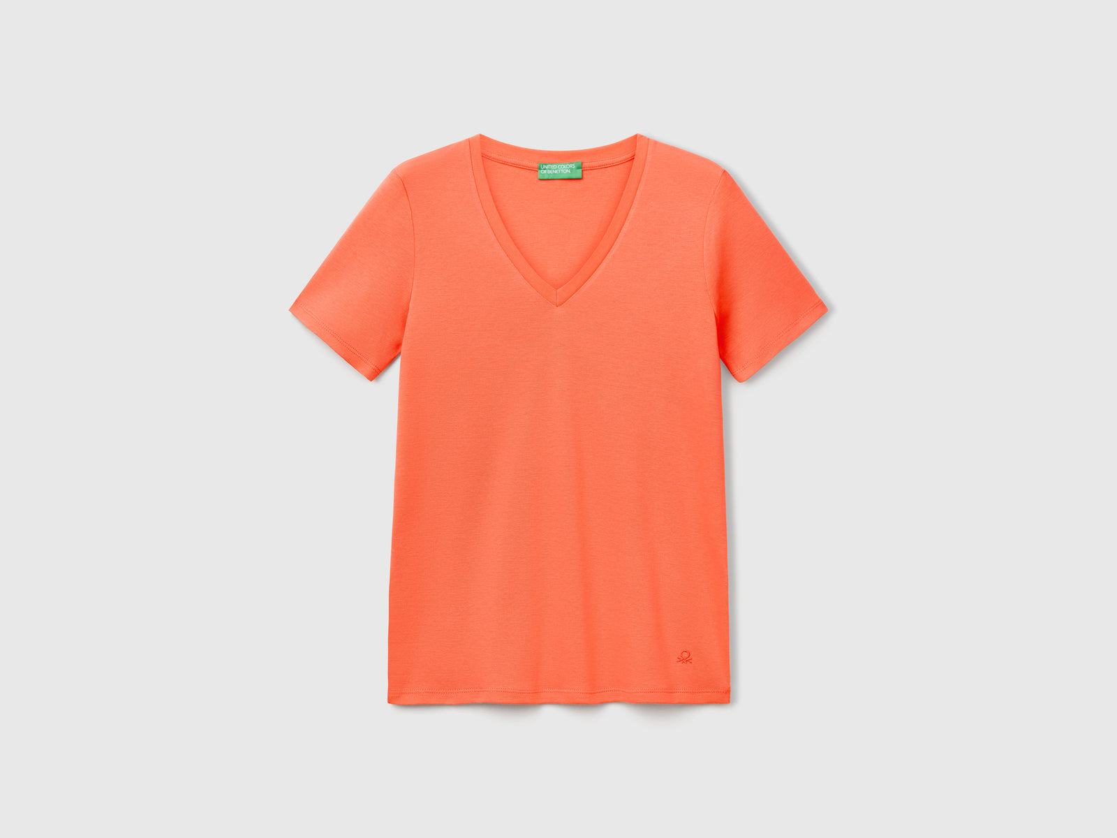 T-shirt corallo in puro cotone con scollo a V da donna arancione | Benetton Outlet