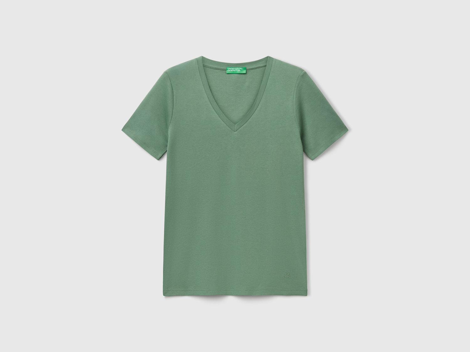 T-shirt verde bosco in puro cotone con scollo a V da donna verde scuro | Benetton Outlet