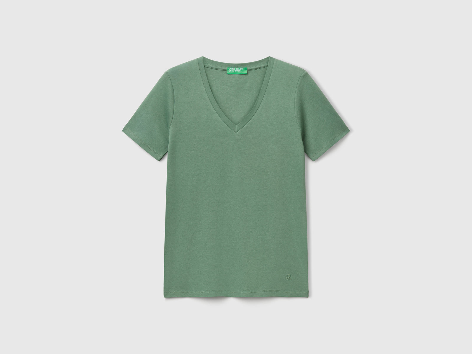 T-shirt verde bosco in puro cotone con scollo a V da donna verde scuro | Benetton Outlet
