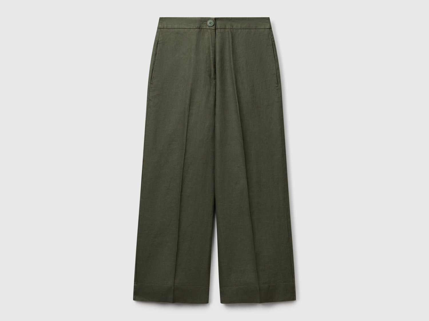 Pantaloni cropped in puro lino da donna verde militare | Benetton Outlet