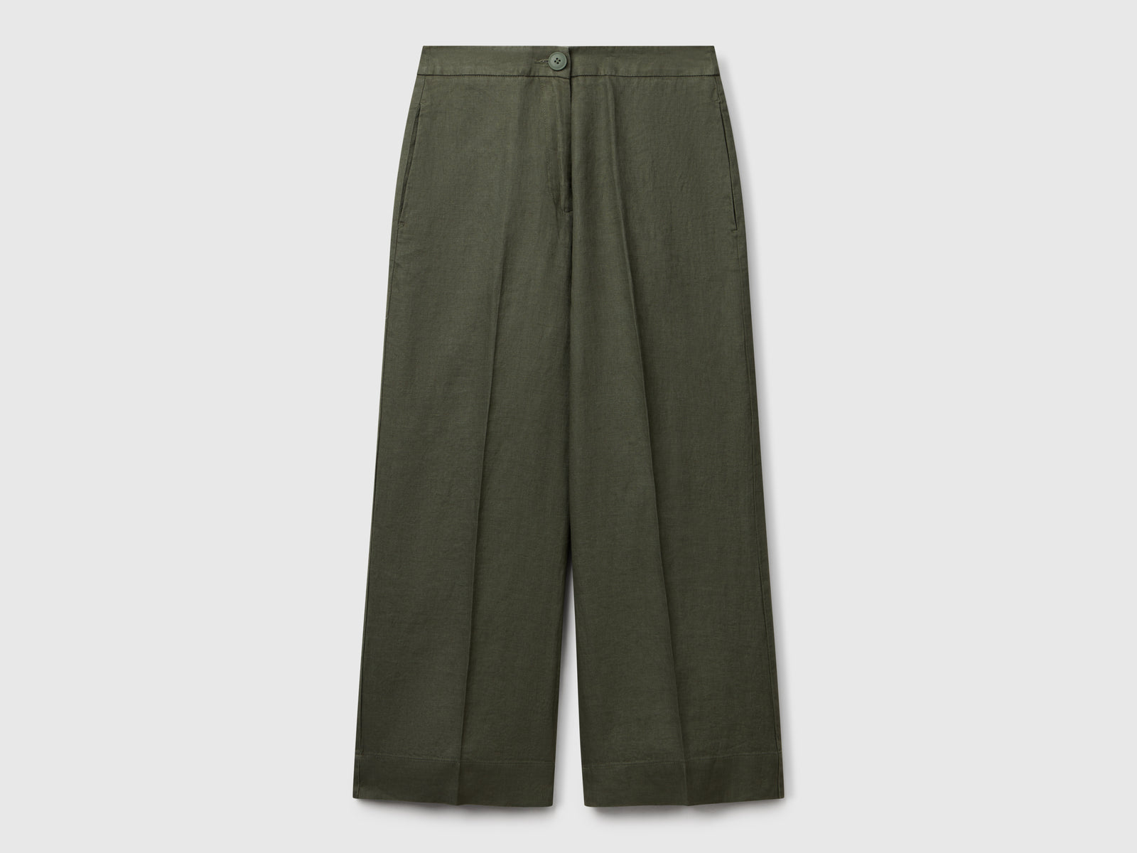 Pantaloni cropped in puro lino da donna verde militare | Benetton Outlet