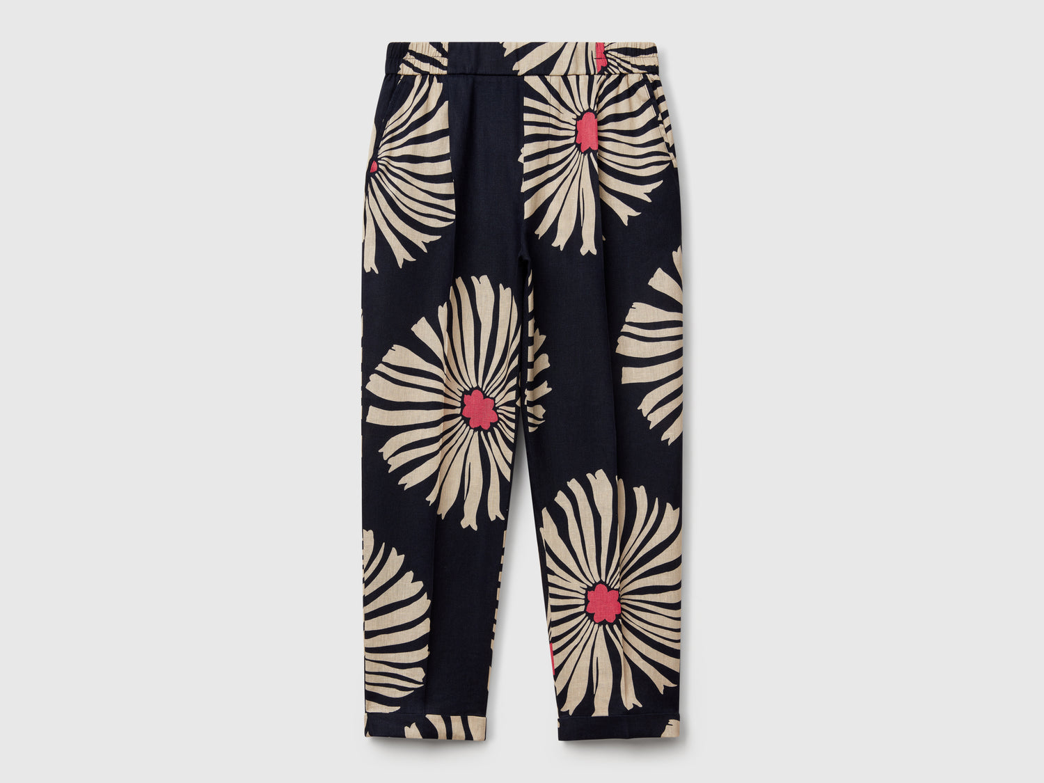 Pantaloni in lino stampato da donna blu scuro | Benetton Outlet