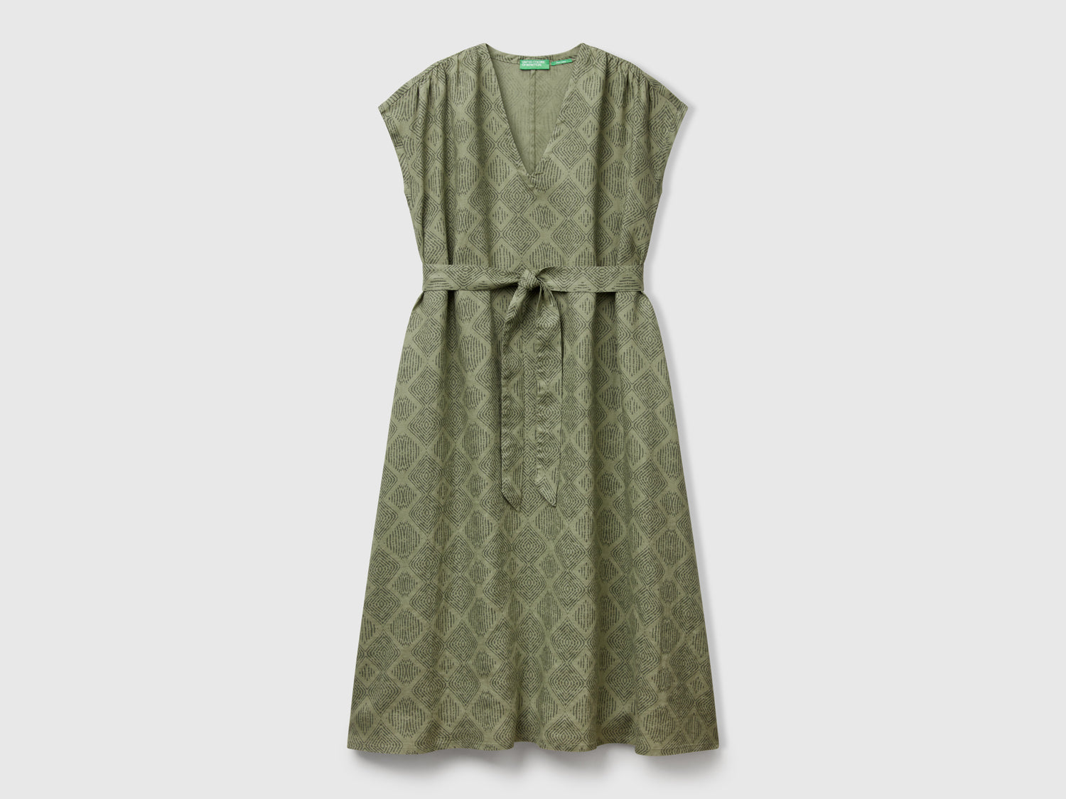 Abito in lino stampato da donna verde militare | Benetton Outlet
