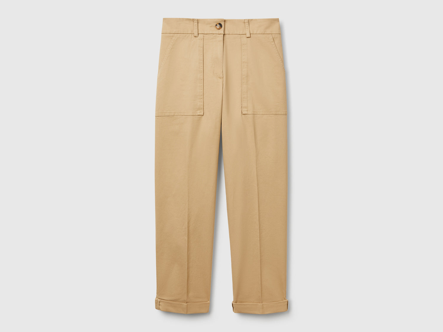 Pantaloni con risvolto in cotone stretch da donna beige | Benetton Outlet