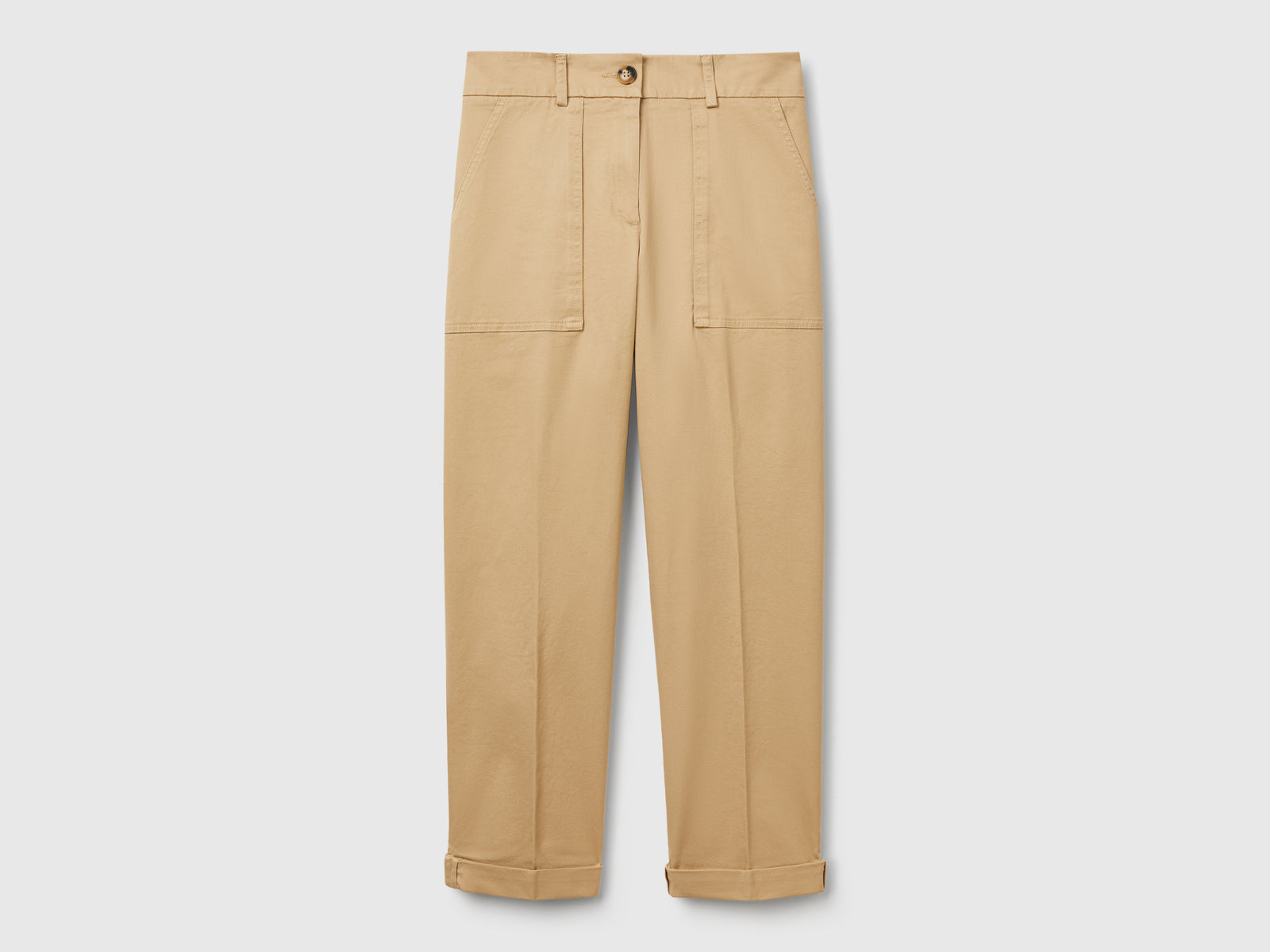 Pantaloni con risvolto in cotone stretch da donna beige | Benetton Outlet