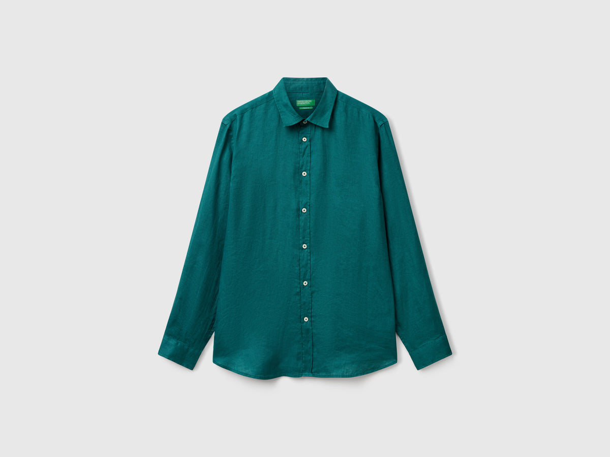 Camicia in puro lino da uomo verde scuro Benetton Outlet