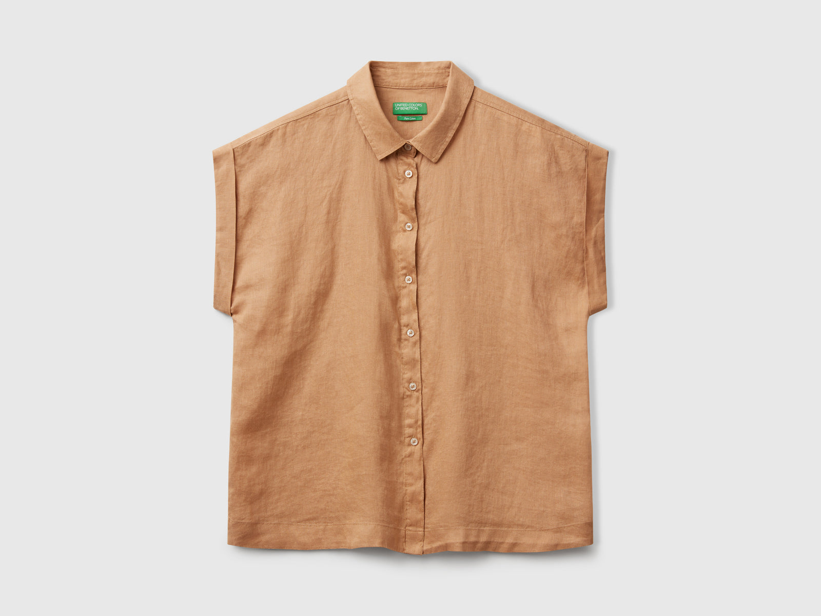 Camicia regular fit in puro lino da donna cammello | Benetton Outlet