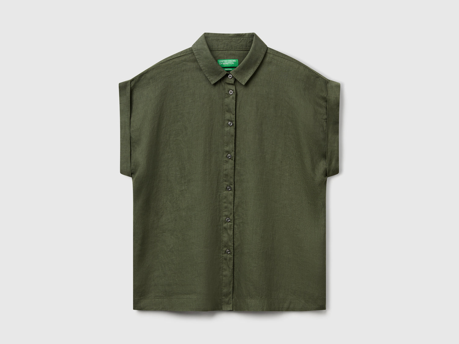 Camicia regular fit in puro lino da donna verde militare | Benetton Outlet