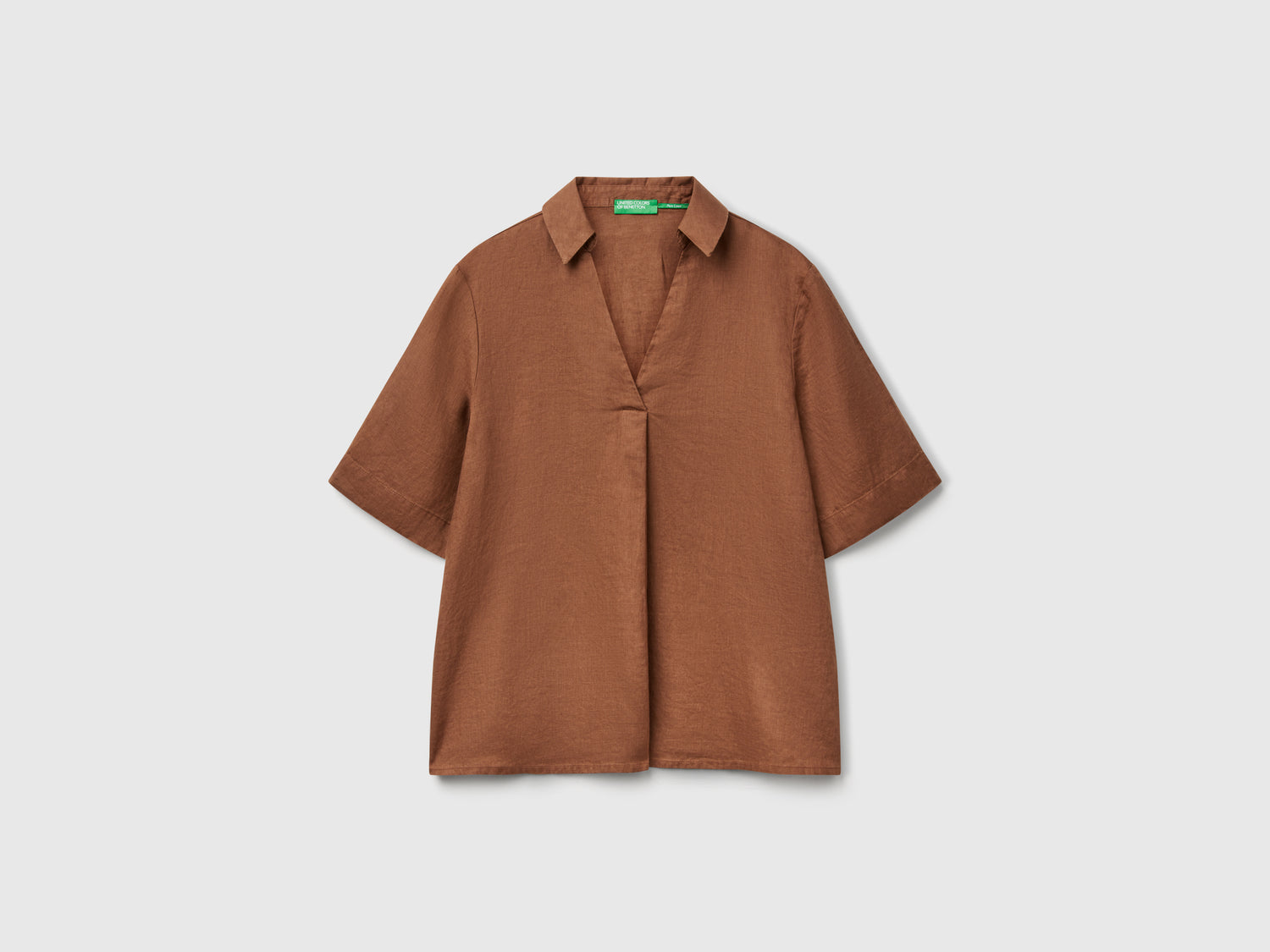 Blusa manica corta in puro lino da donna marrone | Benetton Outlet