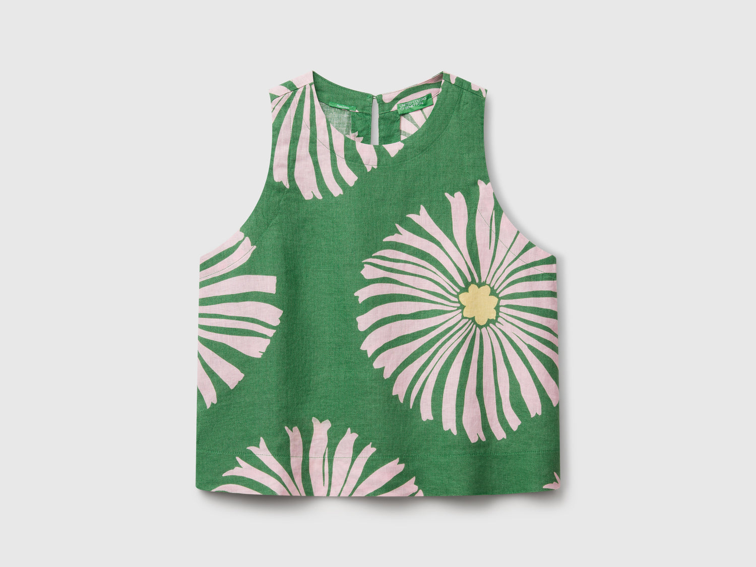 Printed top in pure linen da donna verde | Benetton Outlet