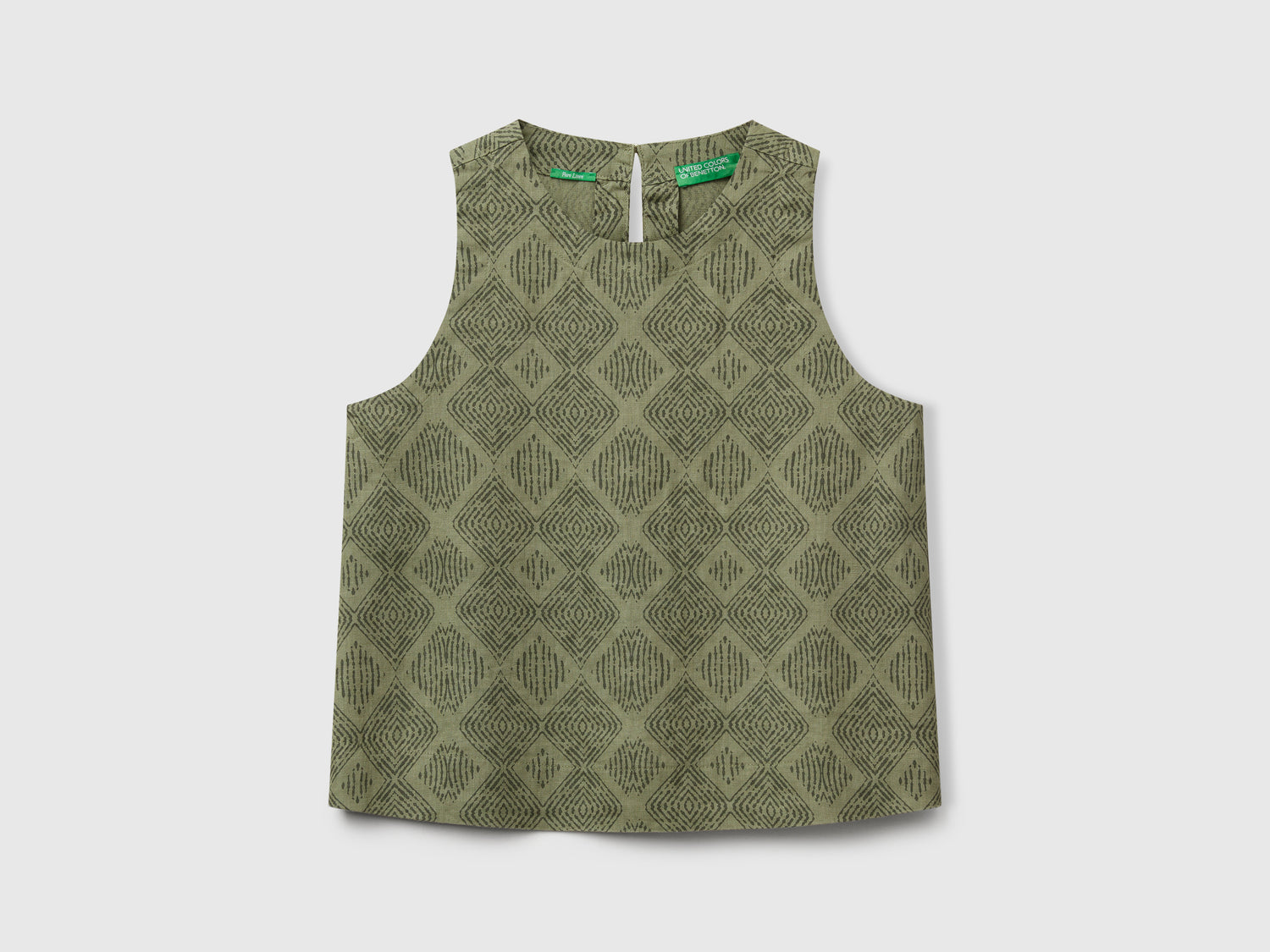 Printed top in pure linen da donna verde militare | Benetton Outlet