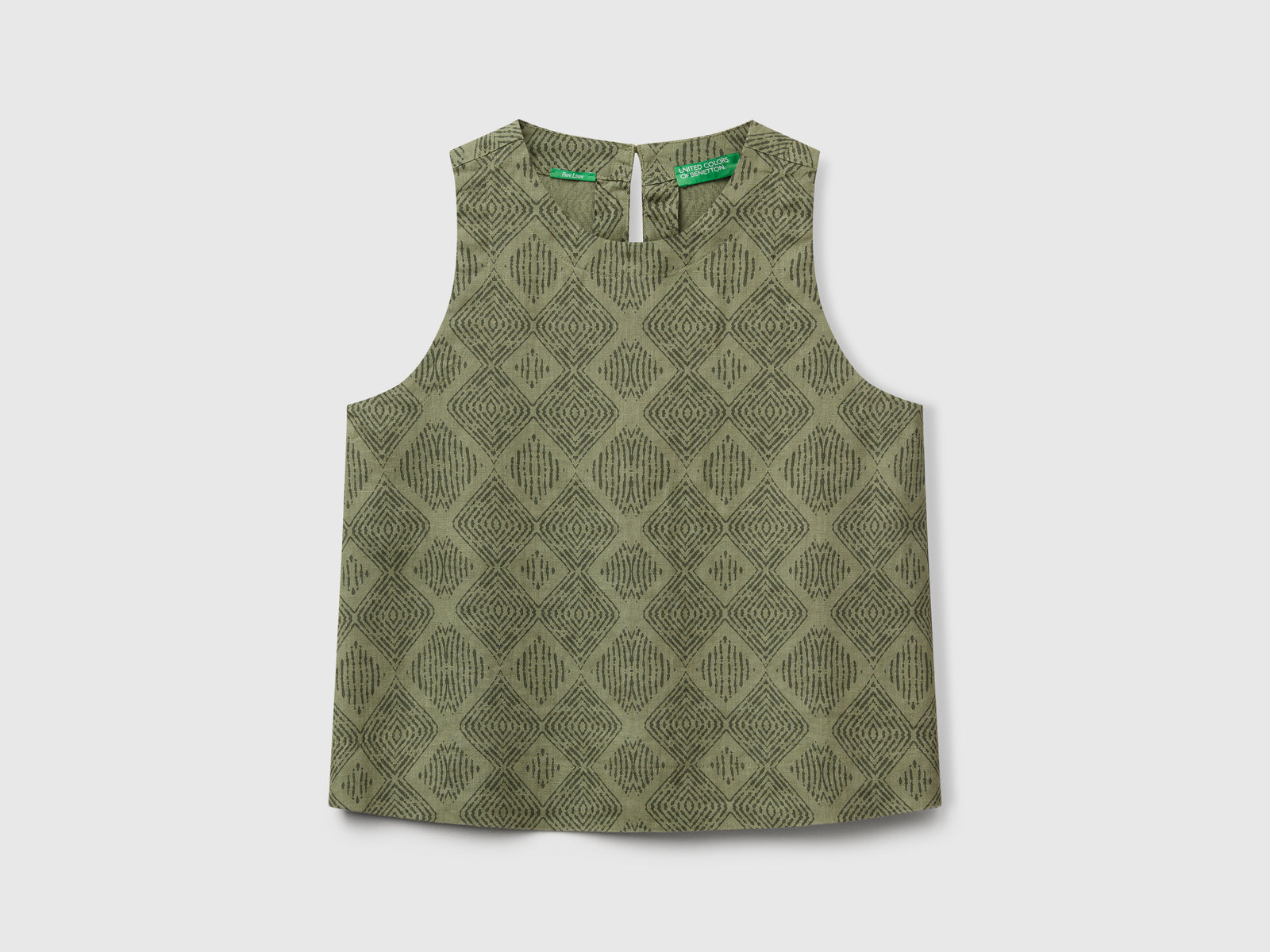Printed top in pure linen da donna verde militare | Benetton Outlet