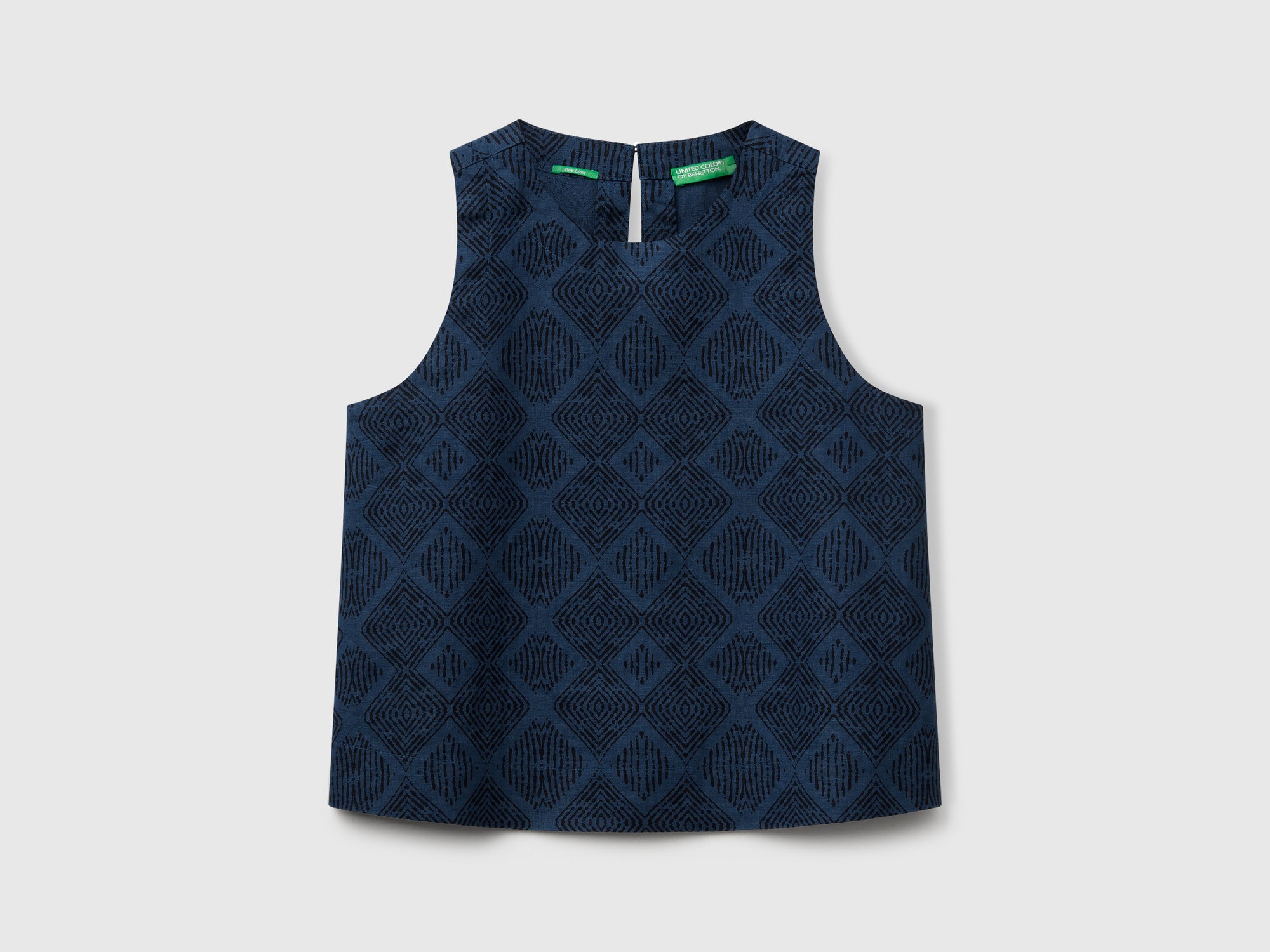 Top stampato in puro lino da donna blu Benetton Outlet