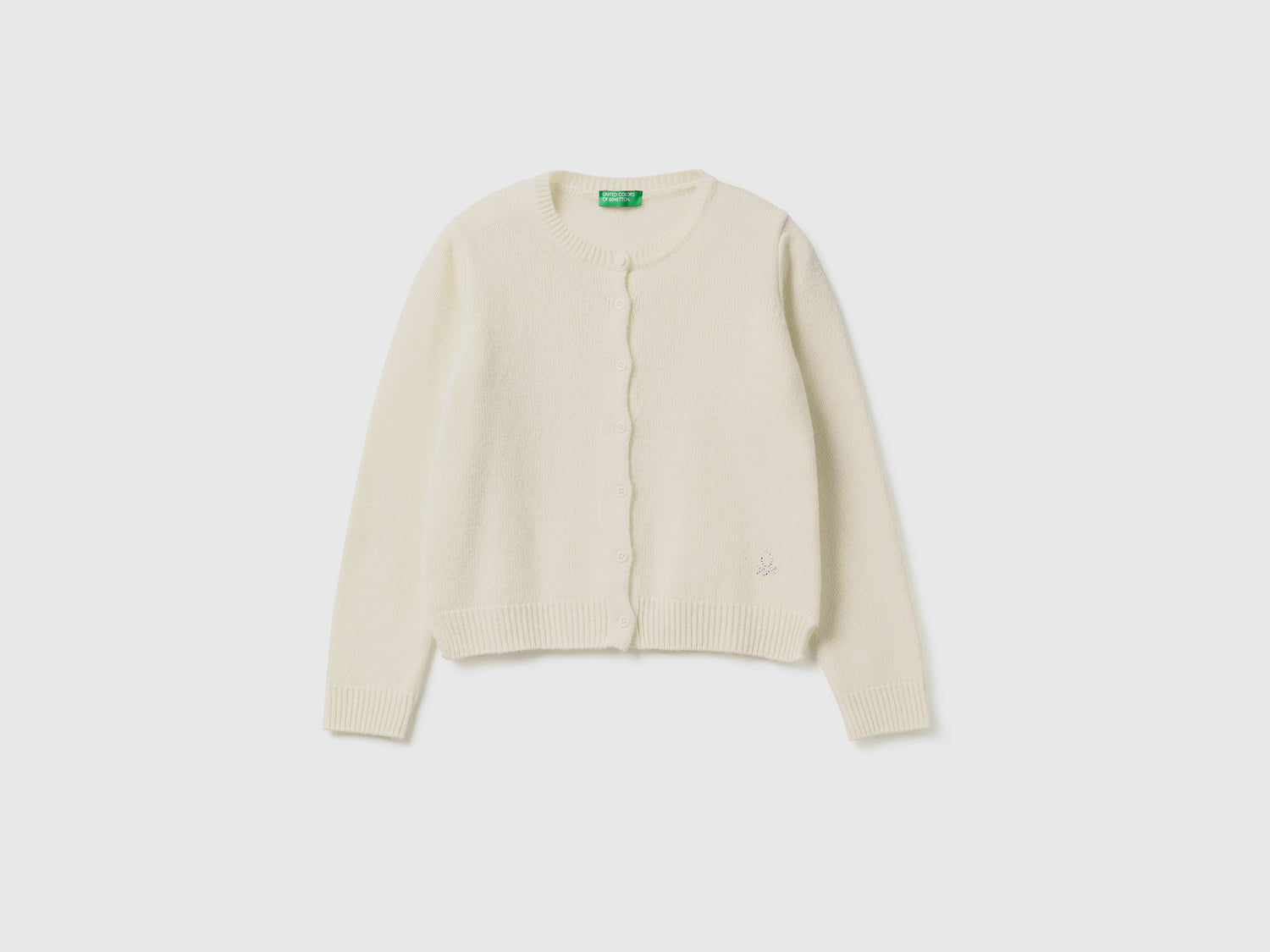 Cardigan girocollo con logo in strass da bambina bianco panna | Benetton Outlet