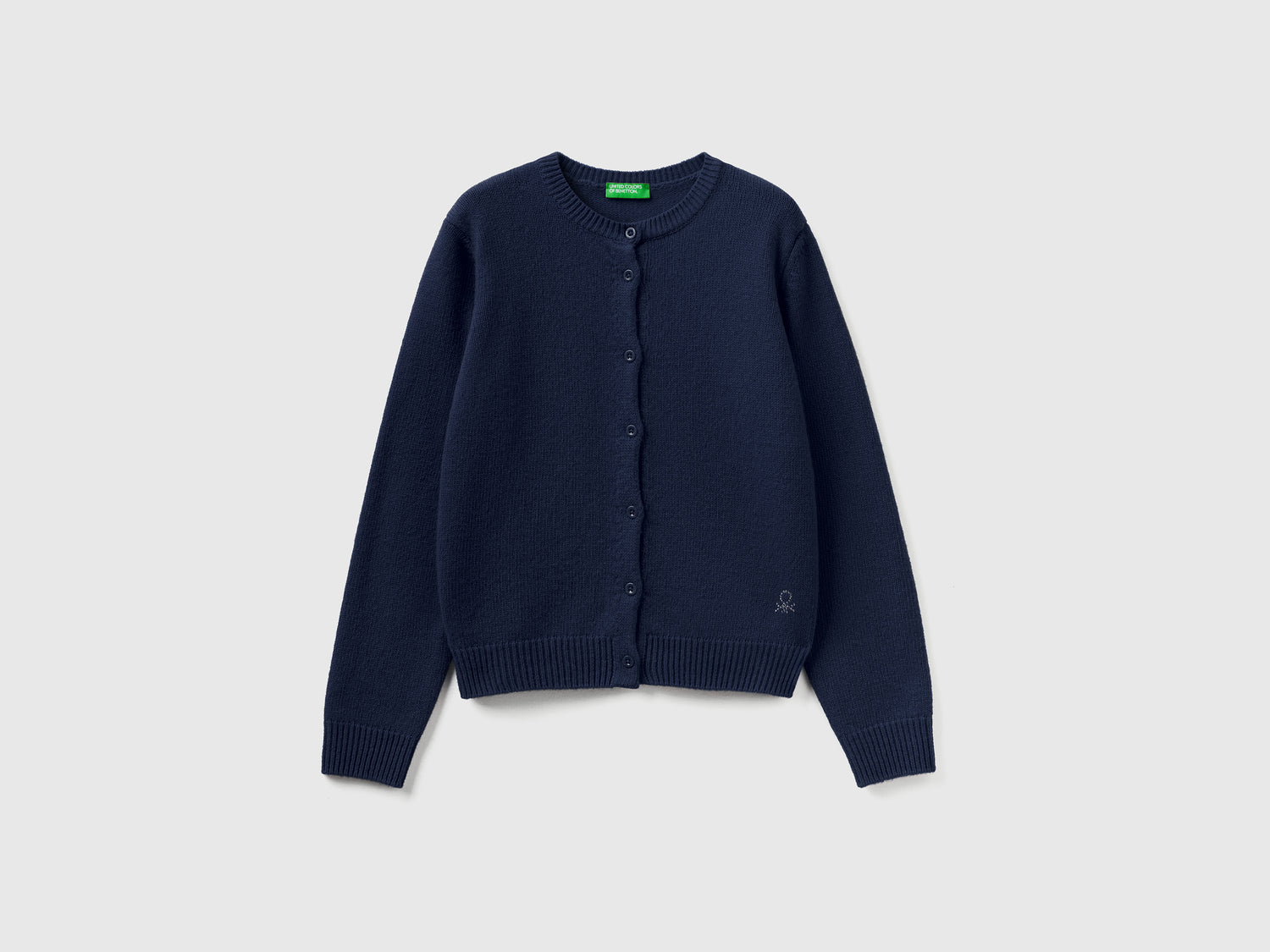 Cardigan girocollo con logo in strass da bambina blu scuro | Benetton Outlet