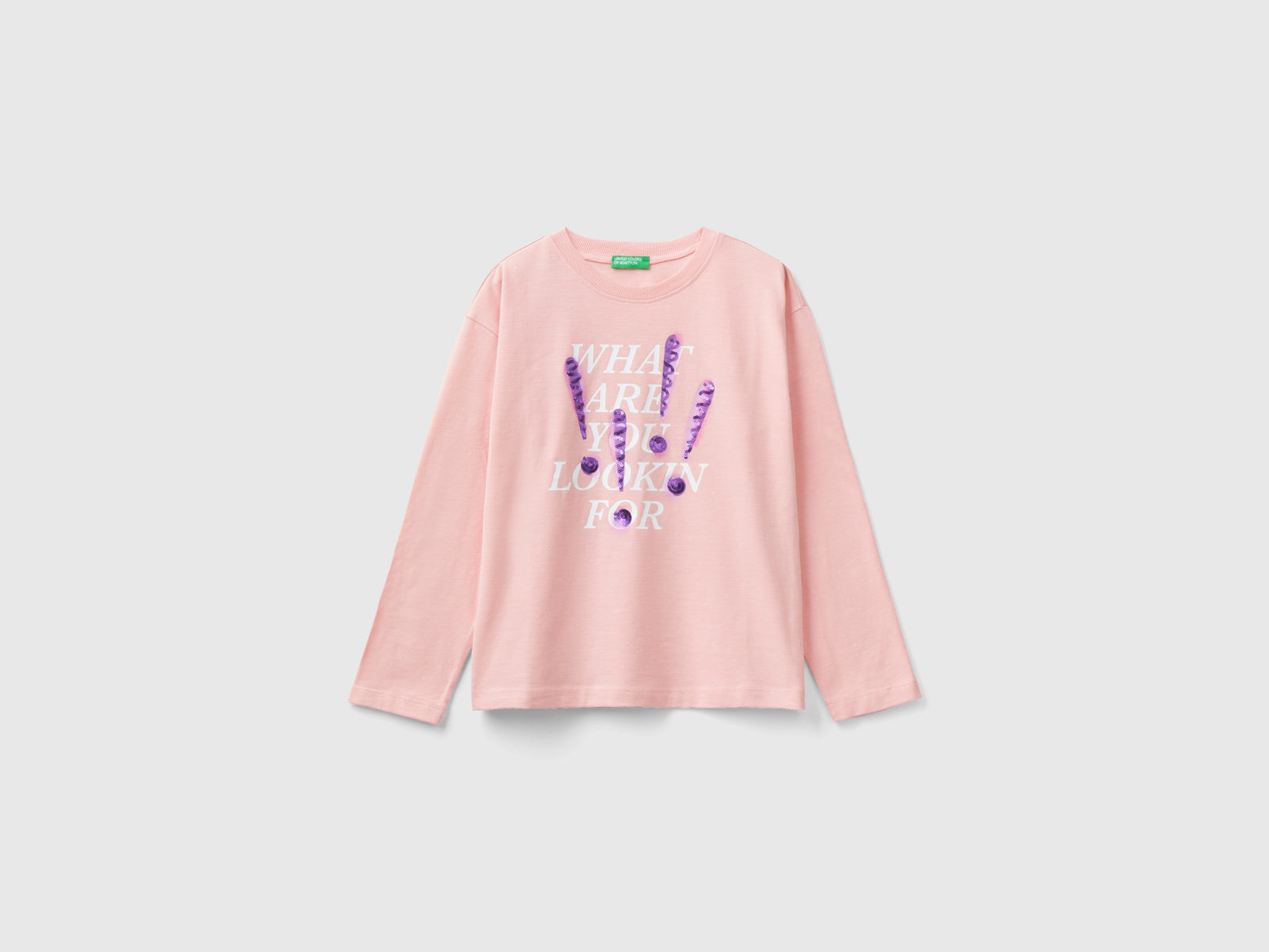 Maglietta con stampa e paillettes da bambina rosa | Benetton Outlet