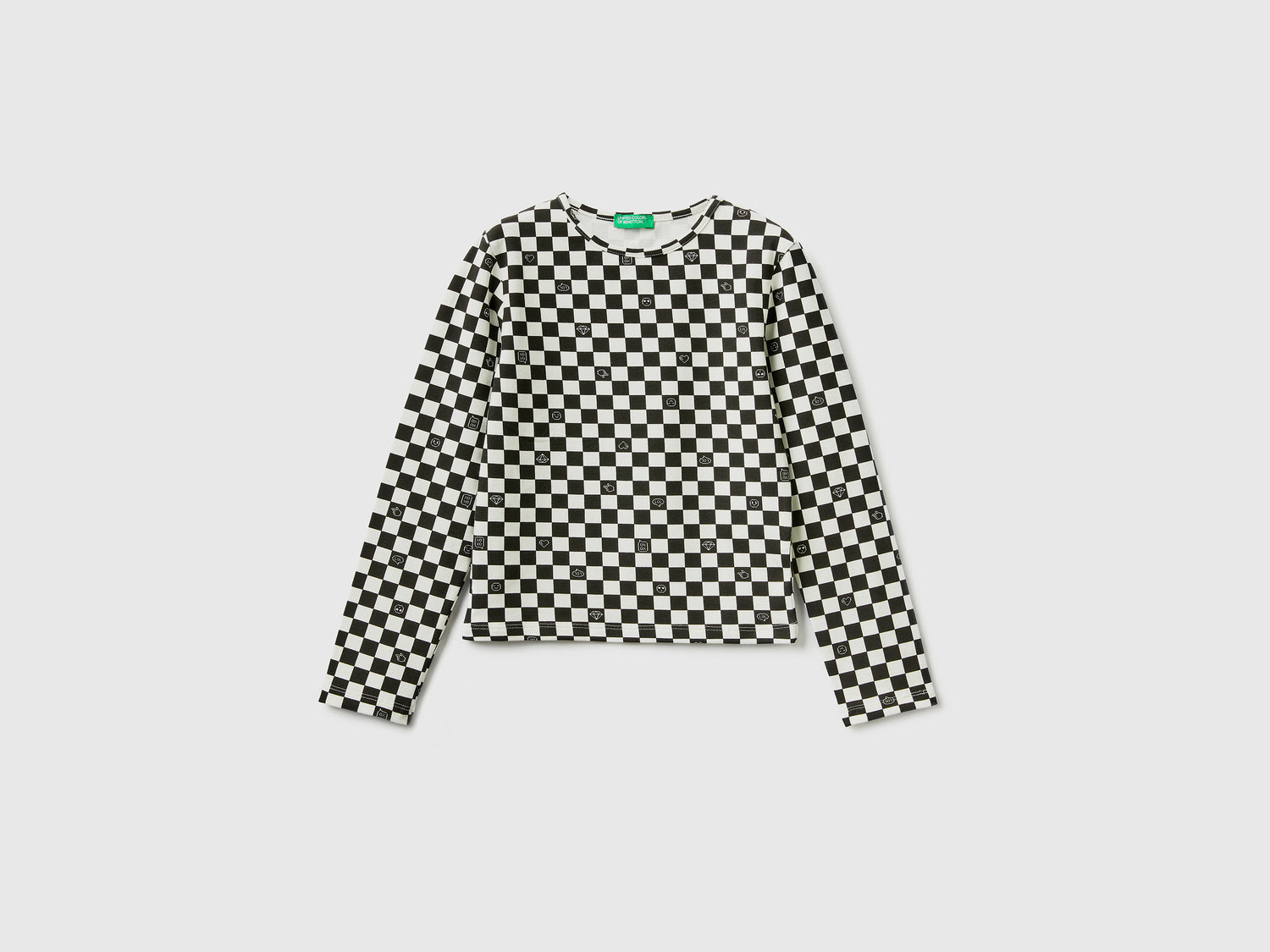 Stretch cotton checkered T-shirt da bambina nero | Benetton Outlet
