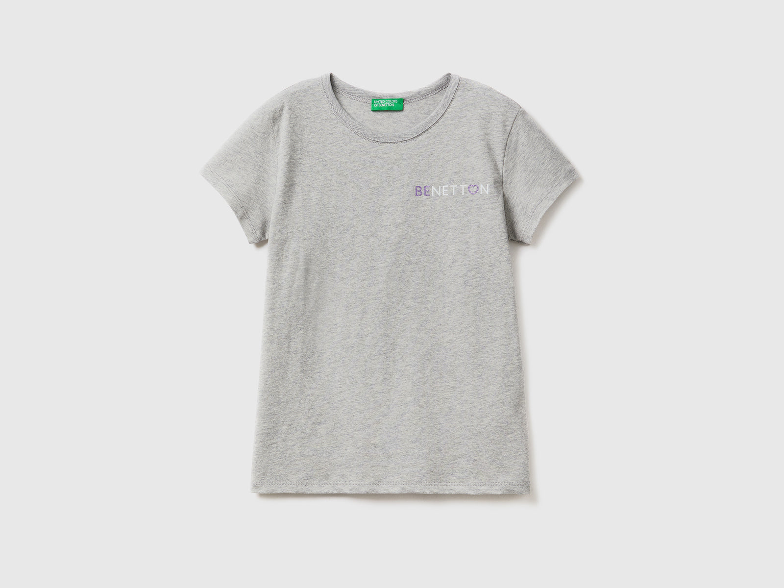 T-shirt con logo glitter in cotone bio da bambina grigio chiaro | Benetton Outlet