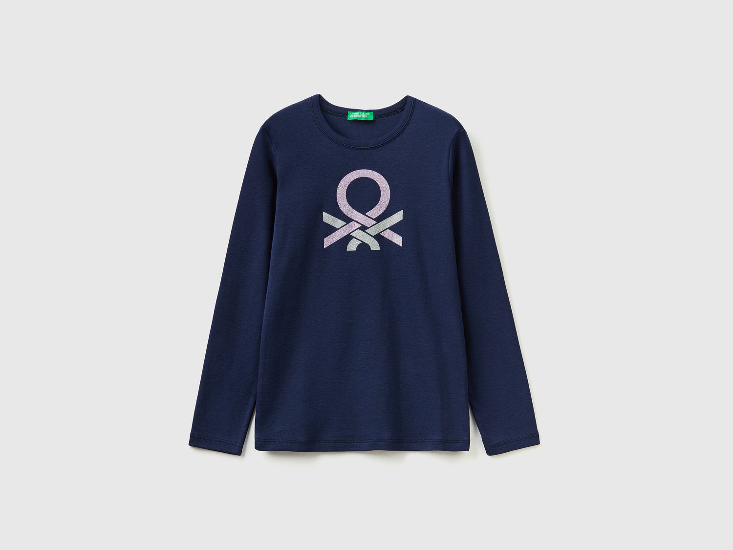 T-shirt manica lunga con stampa glitter da bambina blu scuro | Benetton Outlet